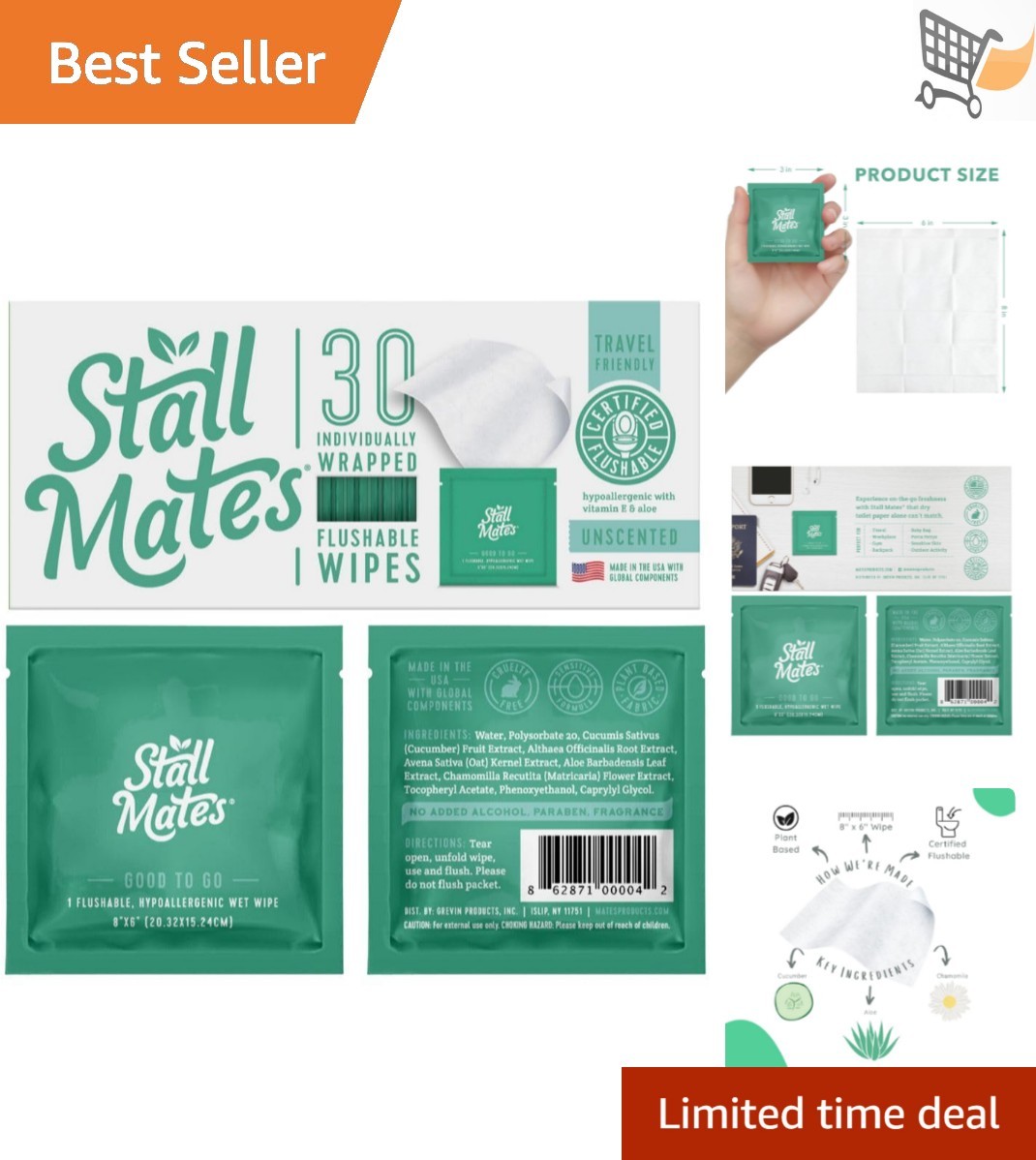 Flushable Wipes Unscented Sensitive Skin Aloe Vitamin-E 30 Pack Travel