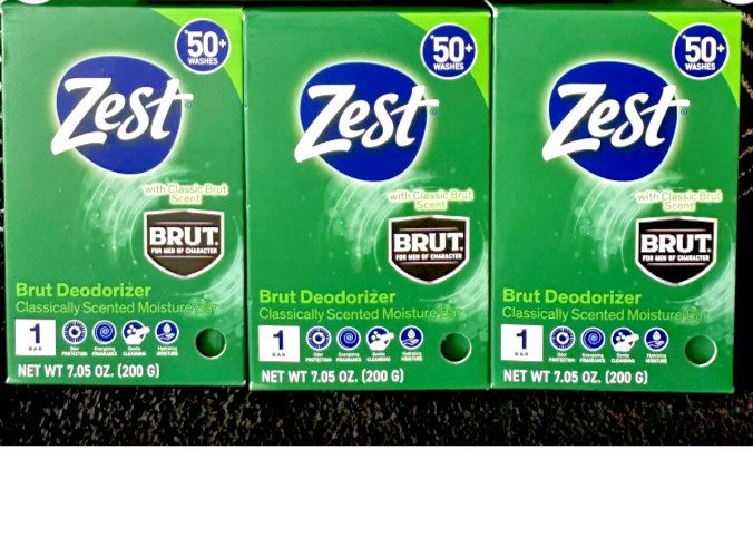 3 ZEST BRUT Deodorizer Classic Scent Moisture Bar Soap 50+ Washes Each Free Ship