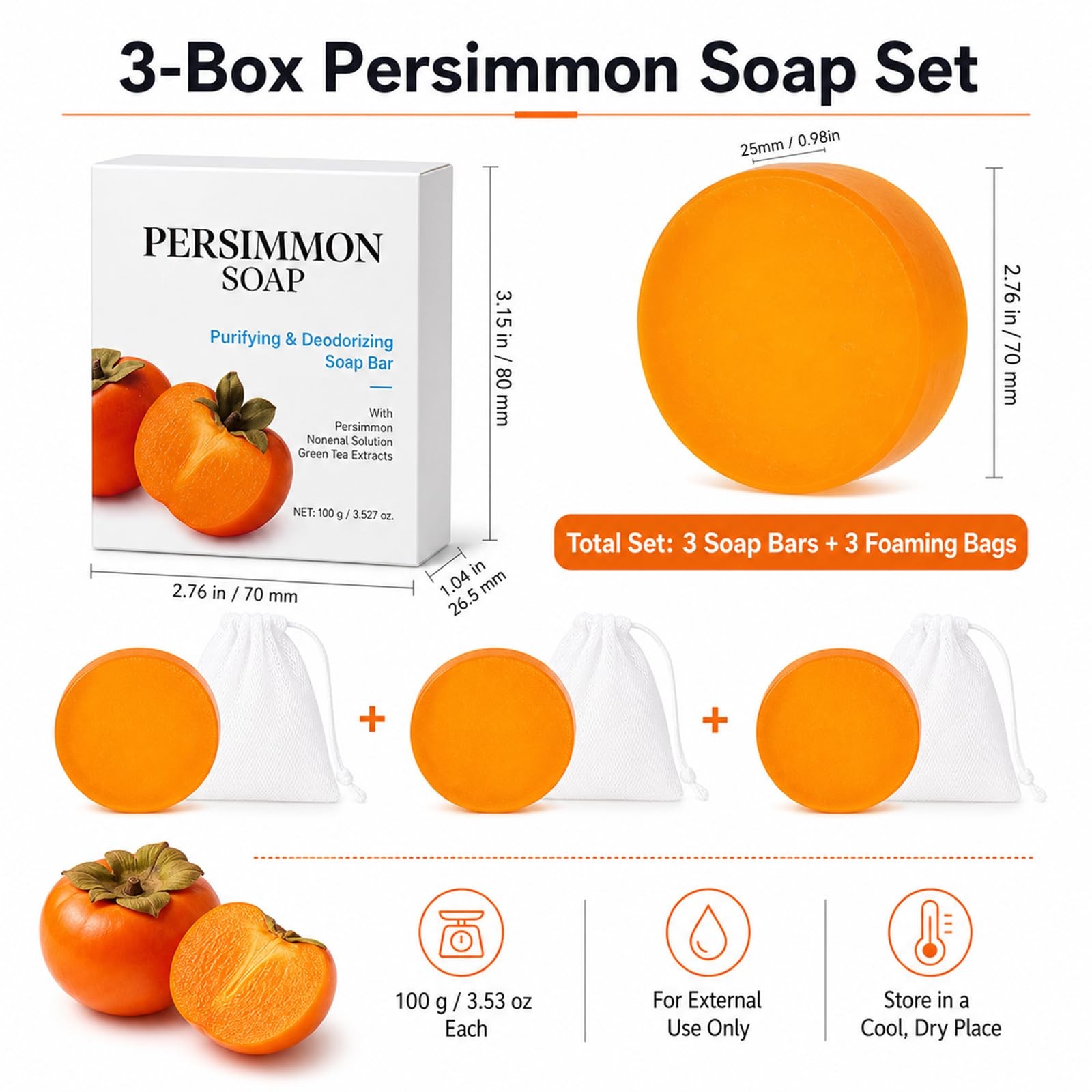 3 Pack Persimmon Soap Bar for Body Odor Control, 3.53 oz Each | For underarms…