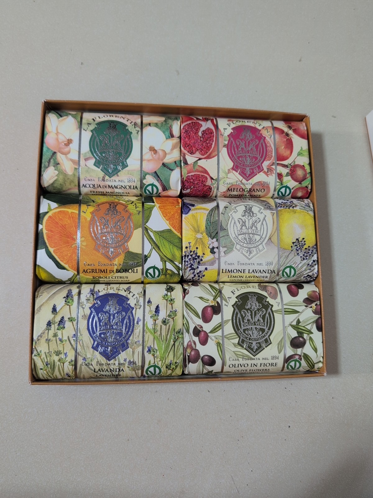 LA FLORENTINA Italian Soap Set 6pcs x 3.7 Oz Each Assorted Lavender Iris Boxed
