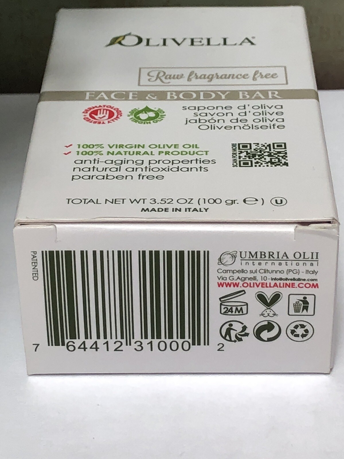 Olivella Bar Soap 100% Virgin Olive Oil Fragrance Free 3.52 oz Bar Soap ~ ITALY