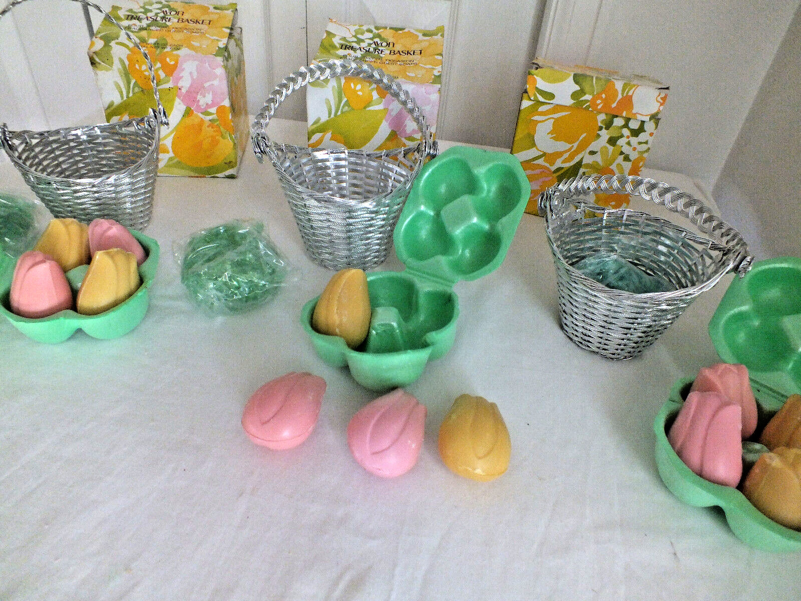 Avon lot of 3 NOS silver Treasure basket with 4 Tulip SOAPS each NIB vintage