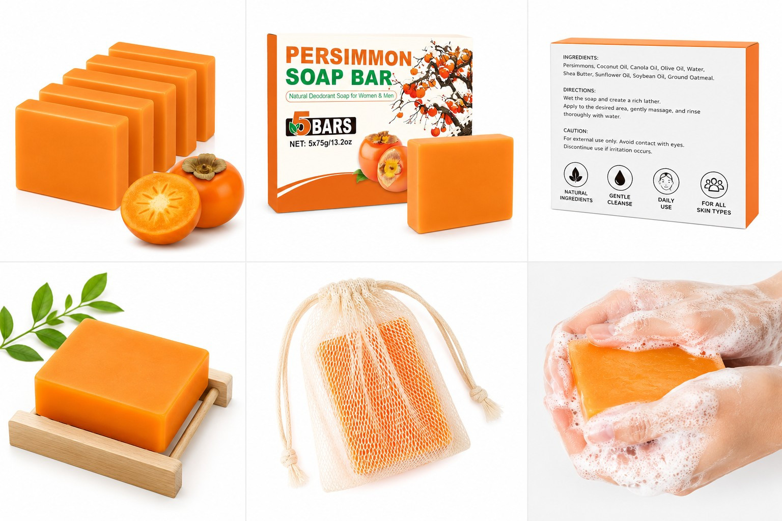 Persimmon Soap Bars 5 Pack Natural Body Cleanser for Men & Women 75g