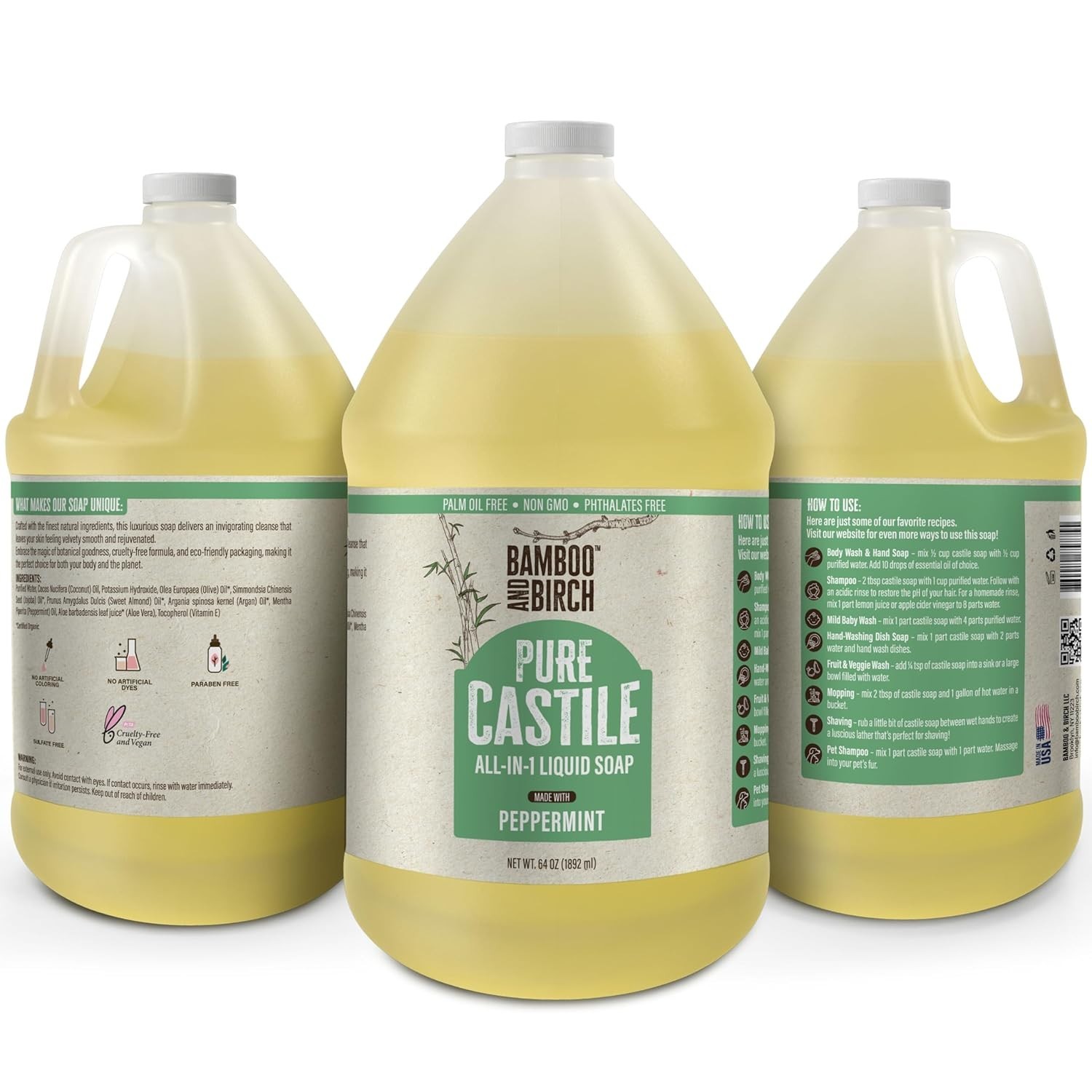 Palm Oil Free Peppermint Pure Castile Liquid Soap – 64 oz for Luxurious Cleaning