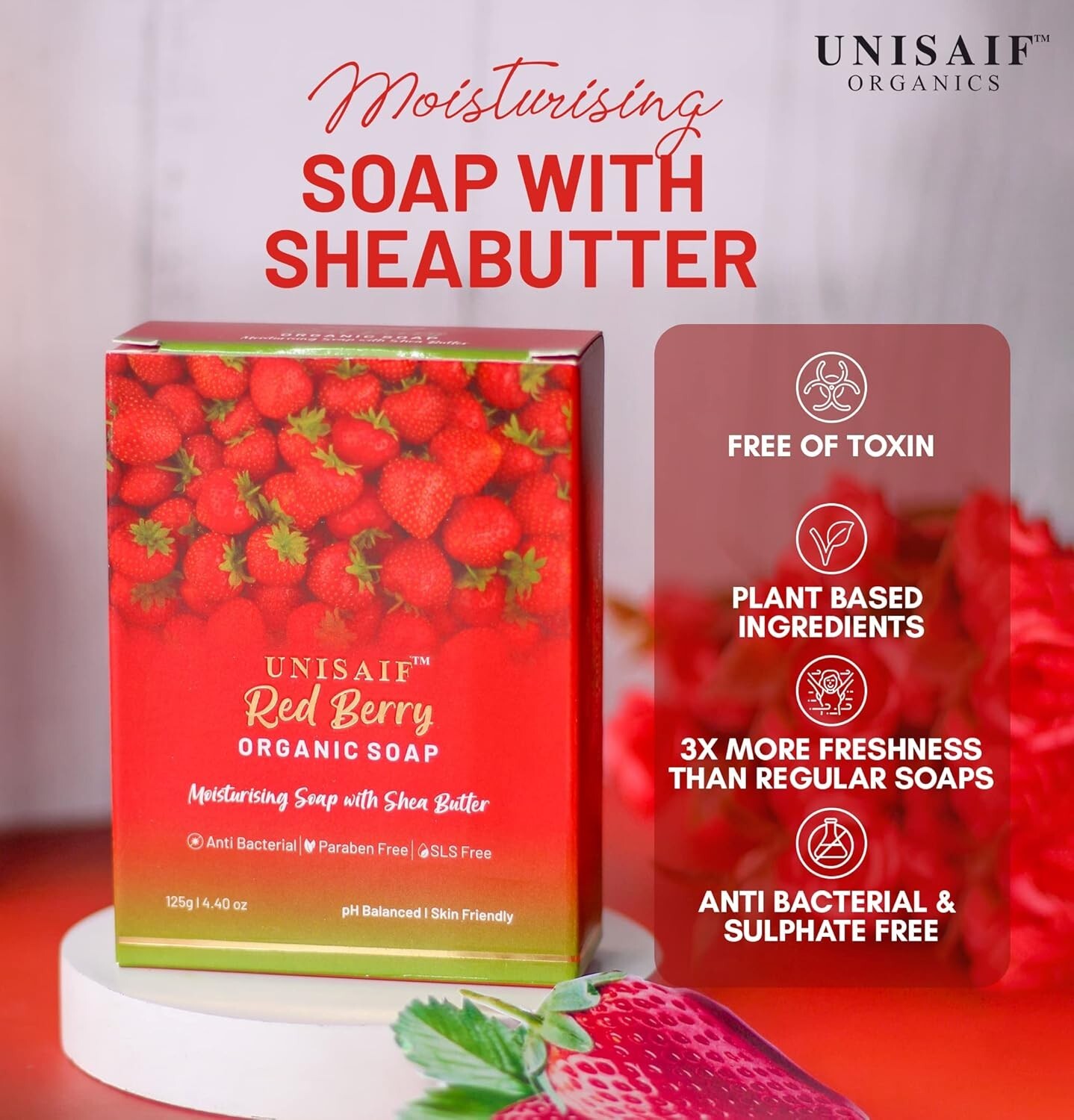 Unisaif Red Berry Strawberry Shea Butter Bar Soap 125g – Organic, Moisturizing