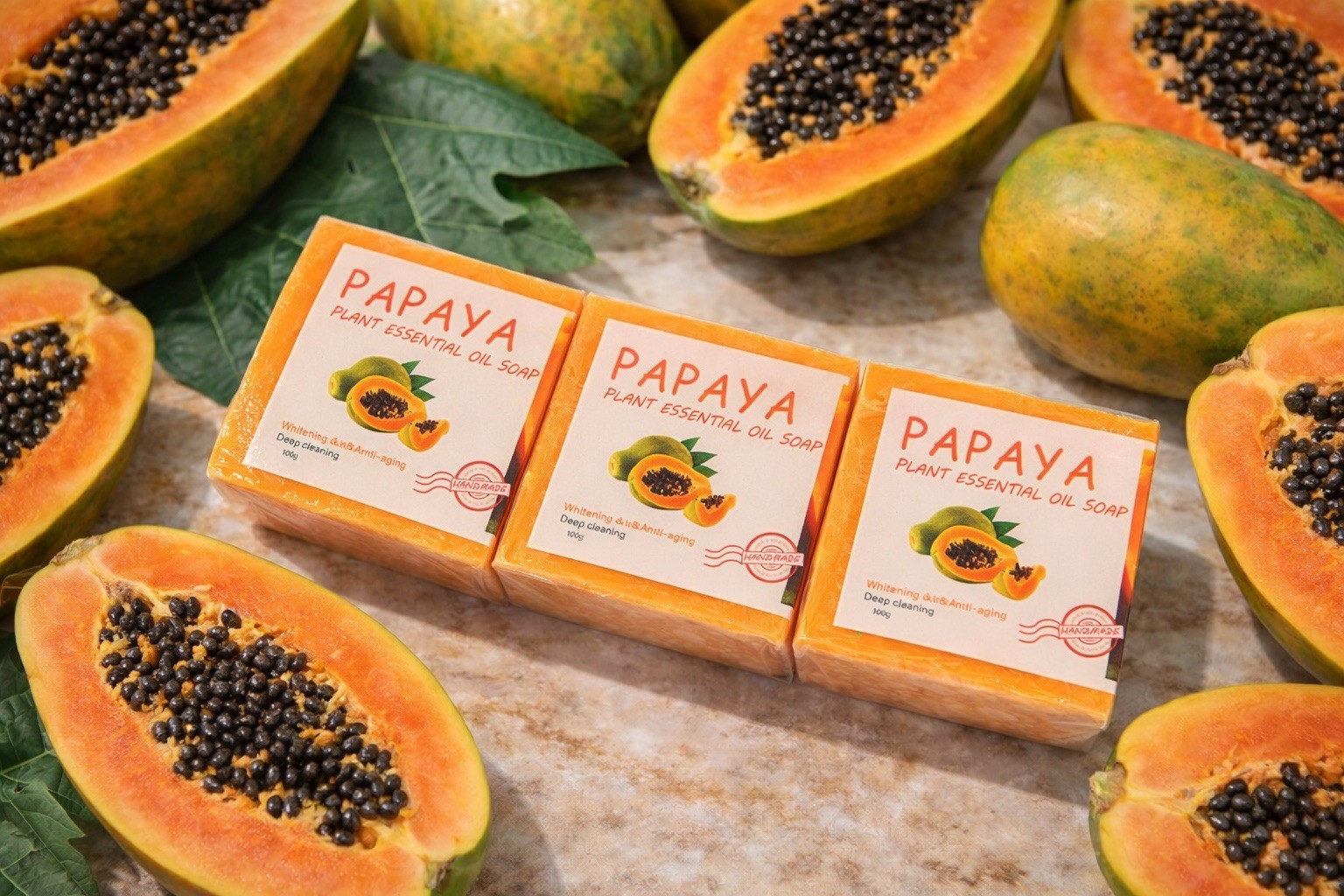 3 pk of Papaya Essential Oil Soap Whitening Anti-Aging Handmade 100g Face Body