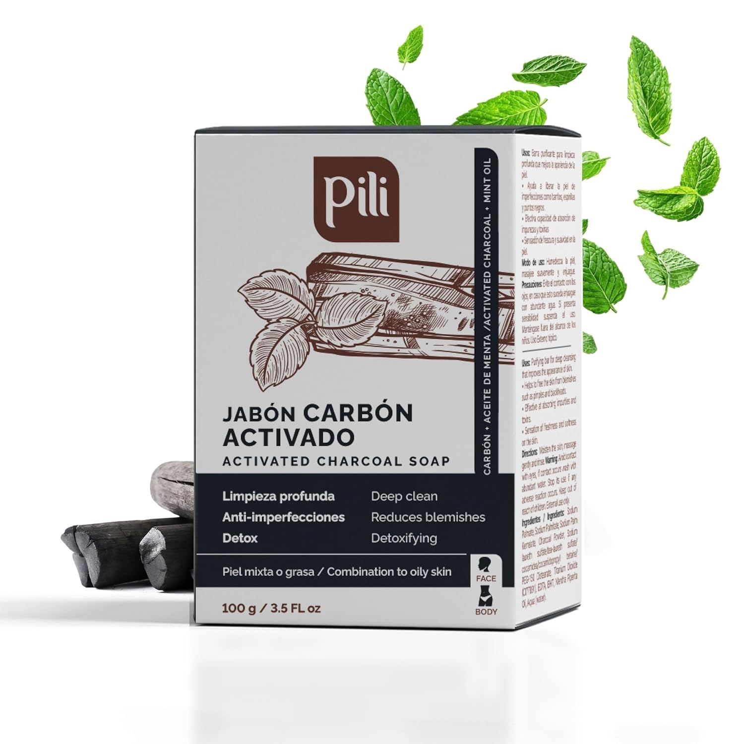 Pili Natural Activated Charcoal Detoxifying Soap Bars &Peppermint Oil (3 Pack)