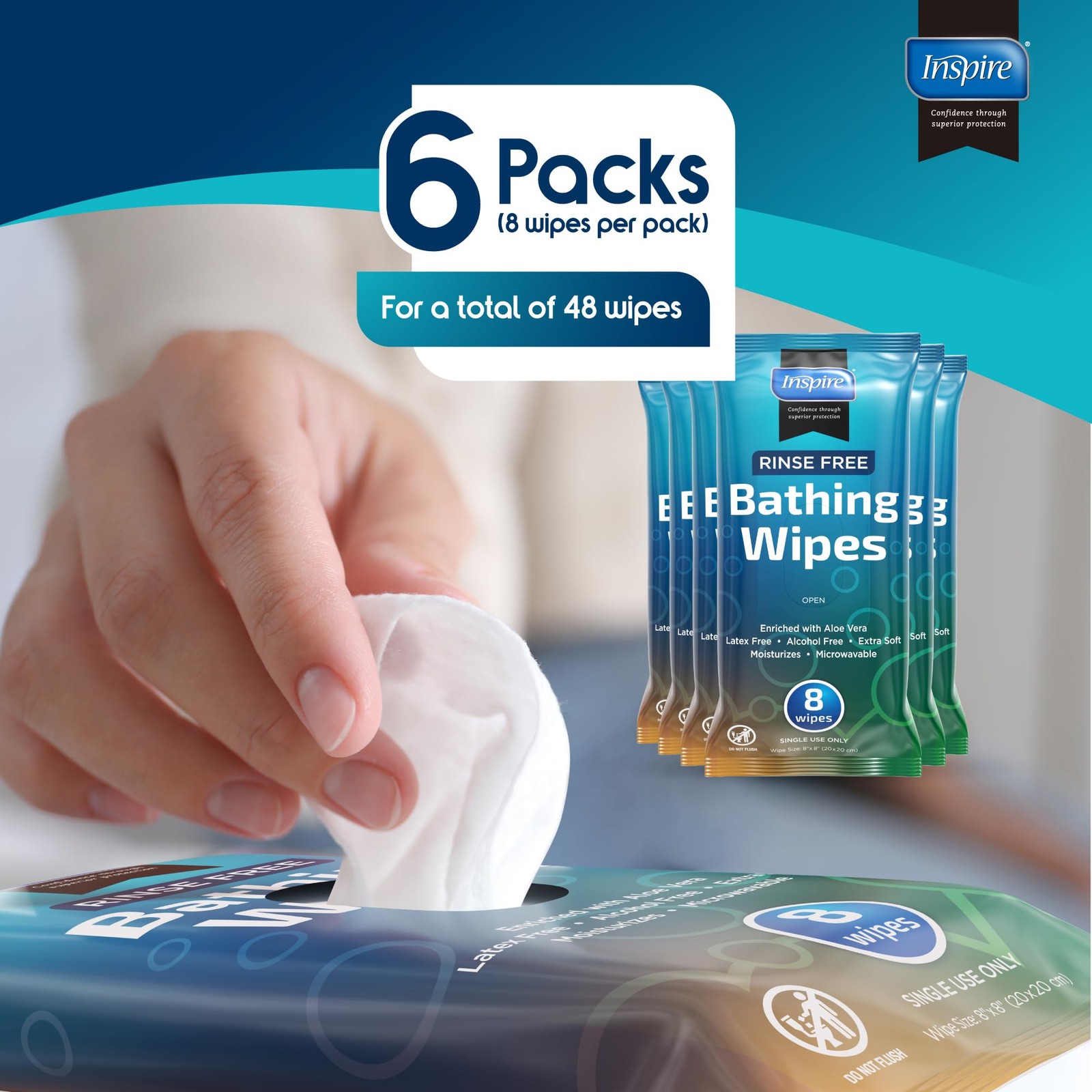 Extra Large RinseFree Body Wipes for Adults 48 Count Bathing Cloths