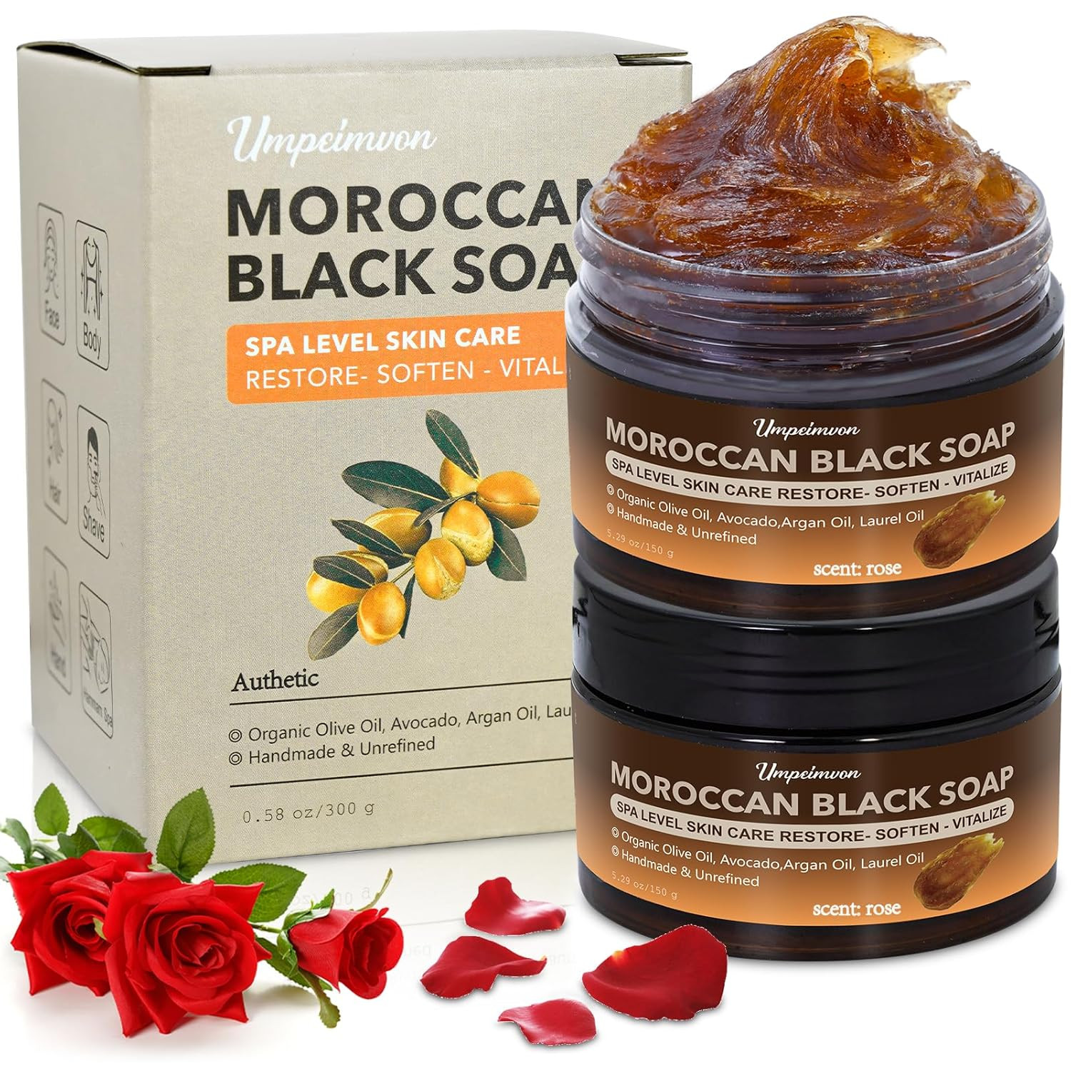 2 PCS Moroccan Black Soap with Argan and Rose Oil, SPA Level Handmade Black Beld