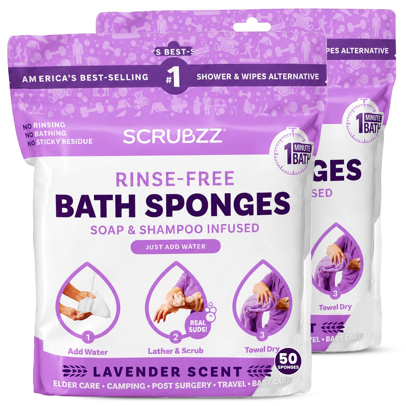 Disposable No Rinse Bathing Wipes All-in-1 Single Use Shower Lavender 2-Pack