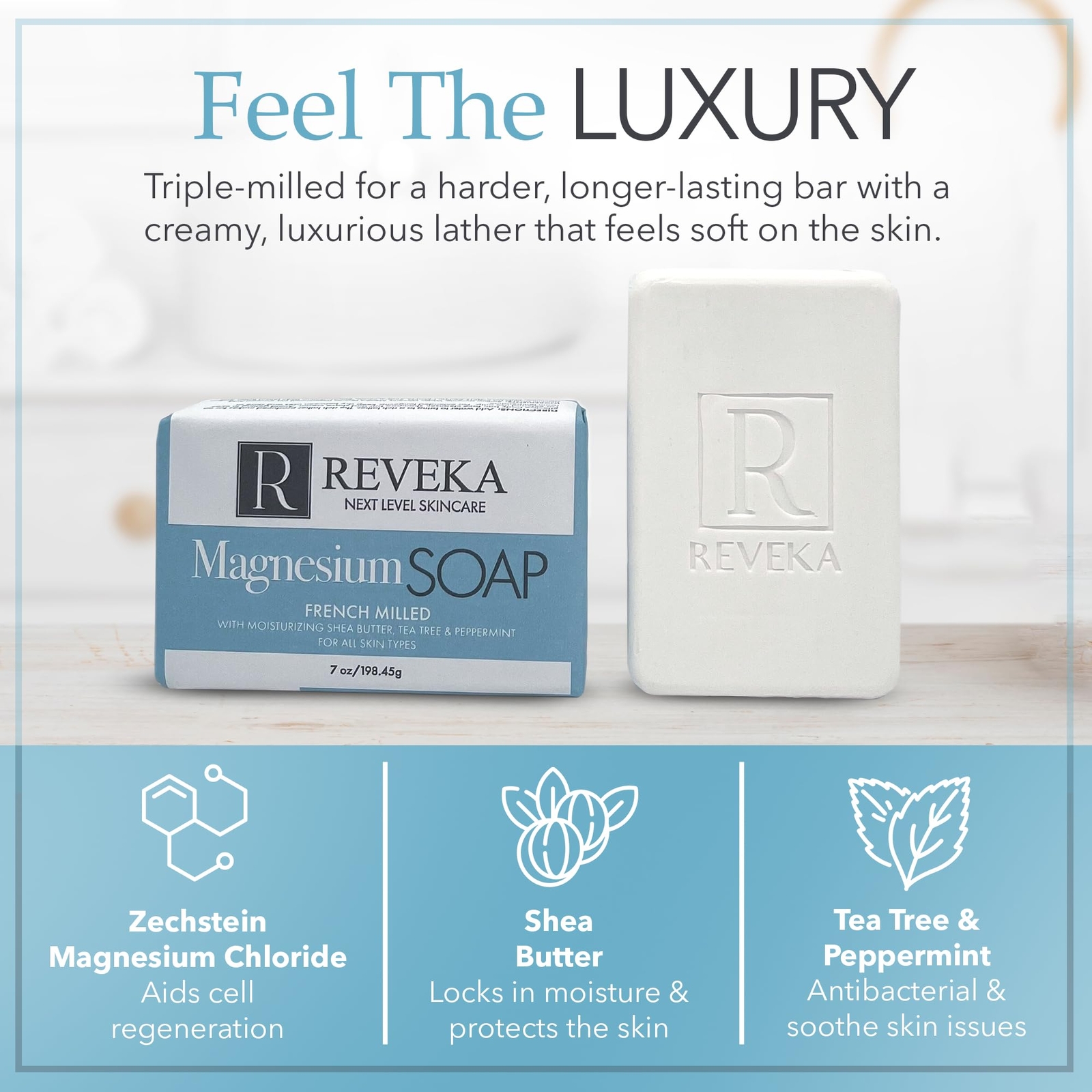 MAGNESIUM SOAP Bar for Face Body Hair Shaving 7oz 4 Pack REVEKA SKINCARE