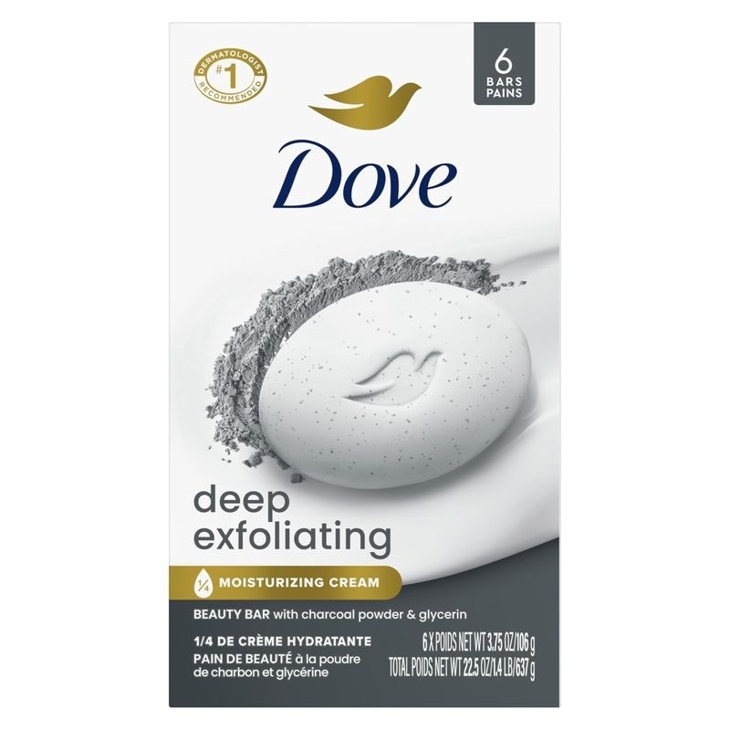 Dove Deep Exfoliating Charcoal Soap Bars – Soft & Smooth Skin Essentials, 6 Pack