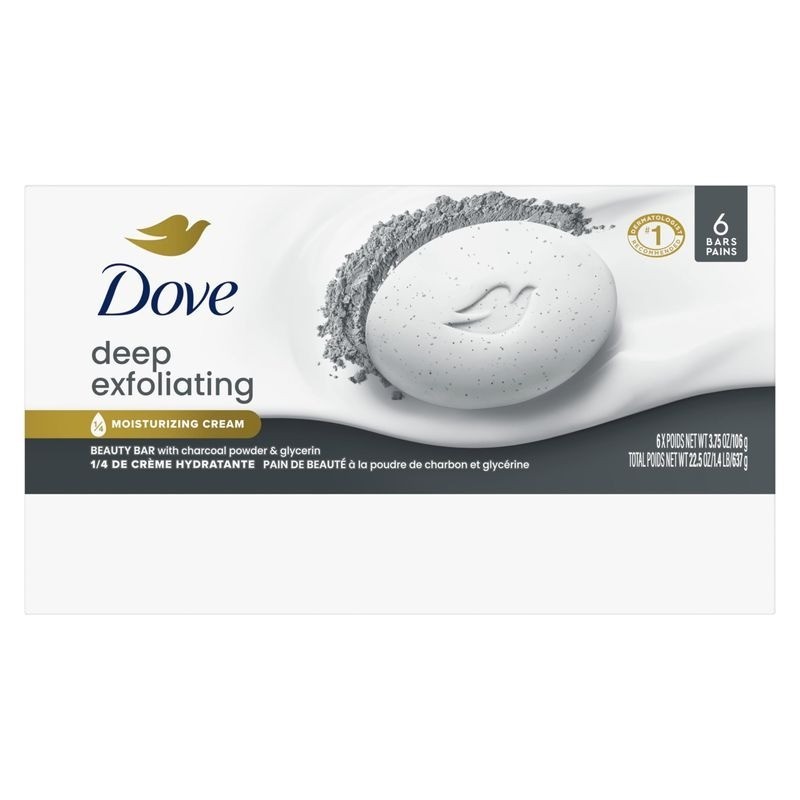 Dove Deep Exfoliating Charcoal Soap Bars – Soft & Smooth Skin Essentials, 6 Pack