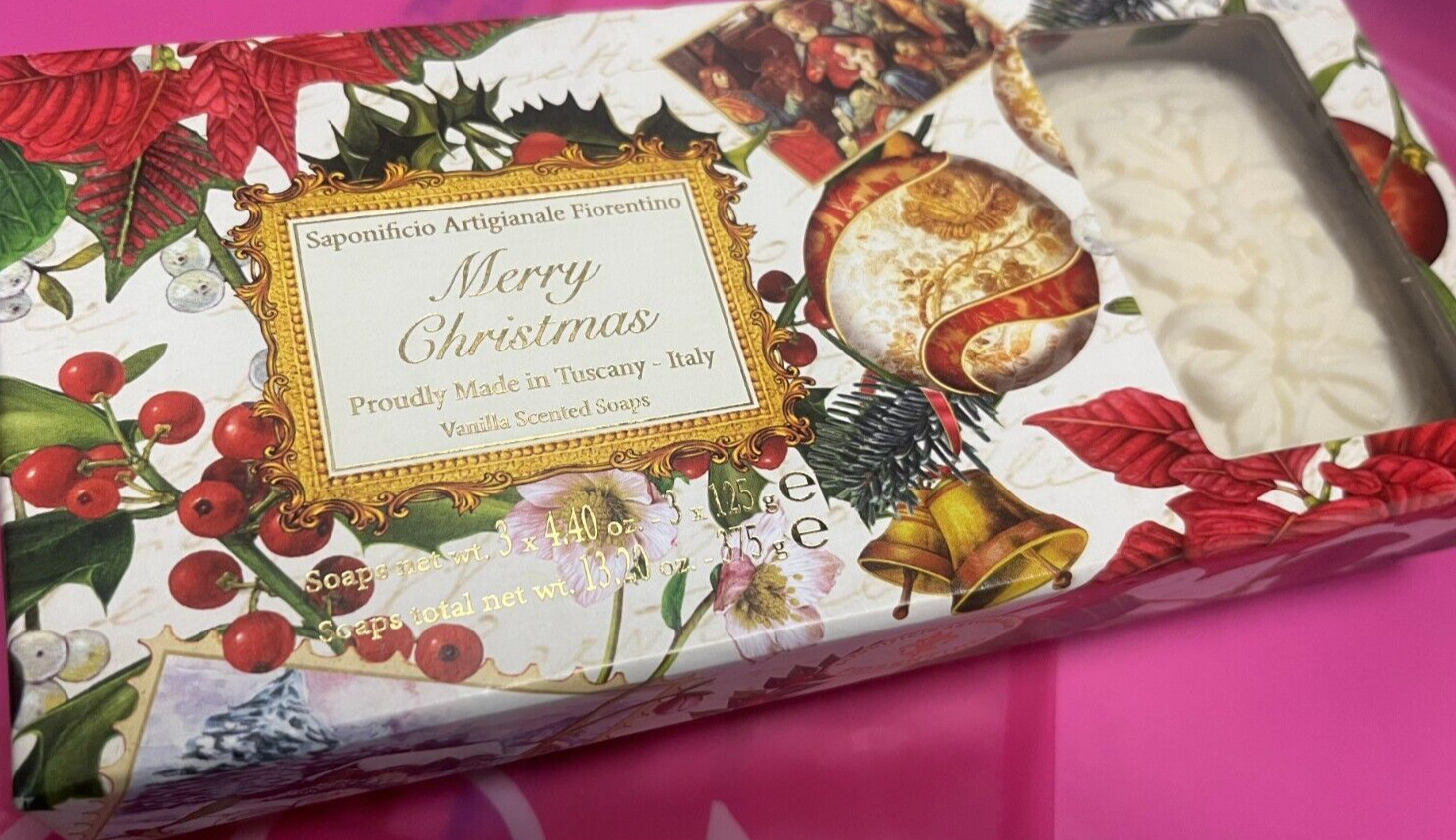 SAPONIFICIO ARTIGIANALE MERRY CHRISTMAS VANILLA SCENTED SOAPS BOX W,3 SOAPS