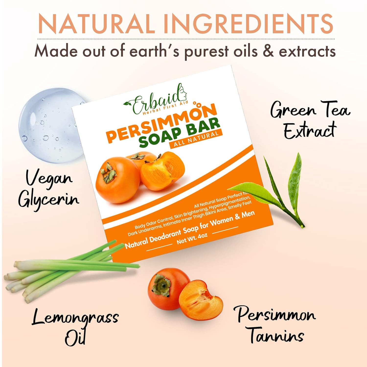 Persimmon Soap Bar Body Odor Control Deodorant Soap for Men & Women