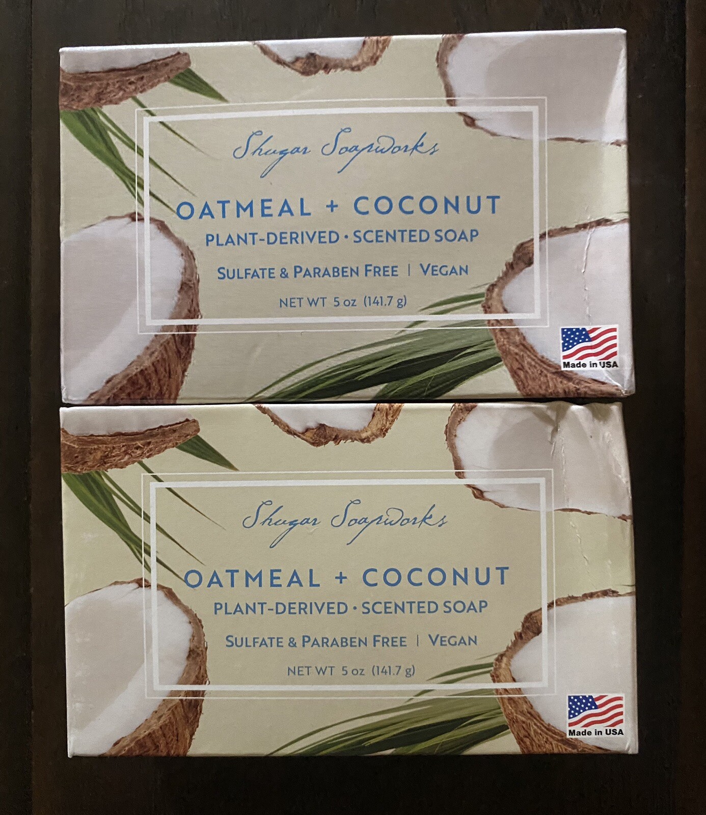 New 2 Shugar Soapworks Large Oatmeal Coconut Vegan Plant Base Soap 5 oz
