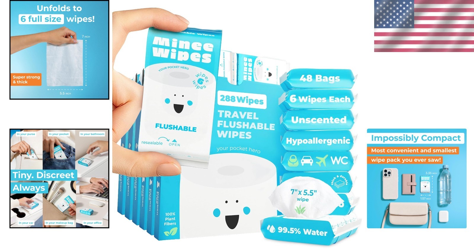 Compact Flushable Wipes, Unscented – Travel Size, 288 Ct