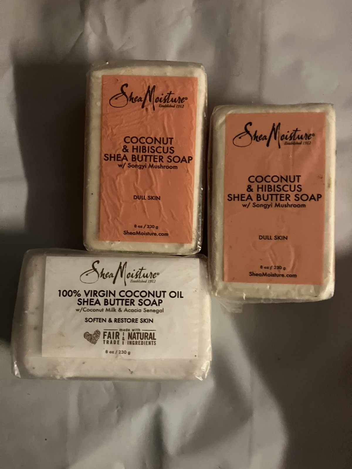 Lot of 4 Shea Moisture BAR SOAPS*8 oz.*MIXED LOT*100% Virgin & Coconut Hibiscus