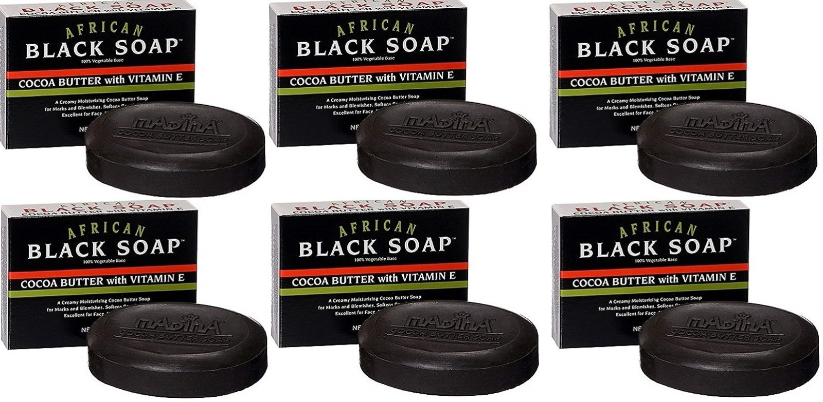 6 Pack-Madina African Black Soap Cocoa Butter with Vitamin E