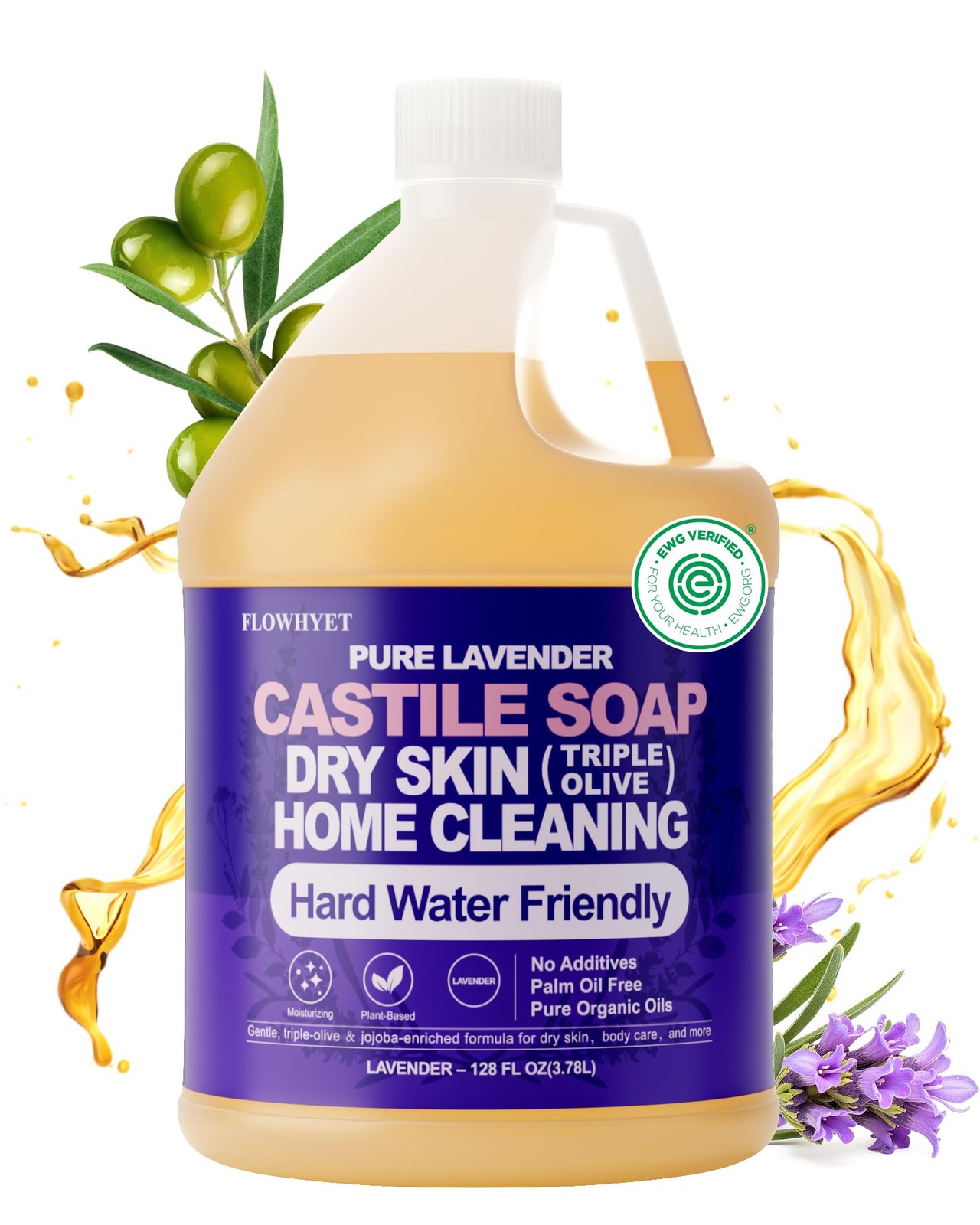 EWG Verified Pure Castile Soap Liquid Lavender 1 Gallon Dry Skin