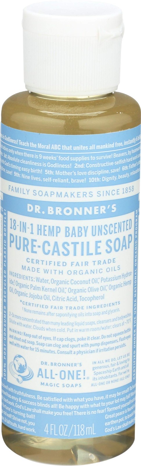 Dr Bronners Pure Castile Liquid Soap Baby Unscented 4 Fl Oz Organic Eco Friendly