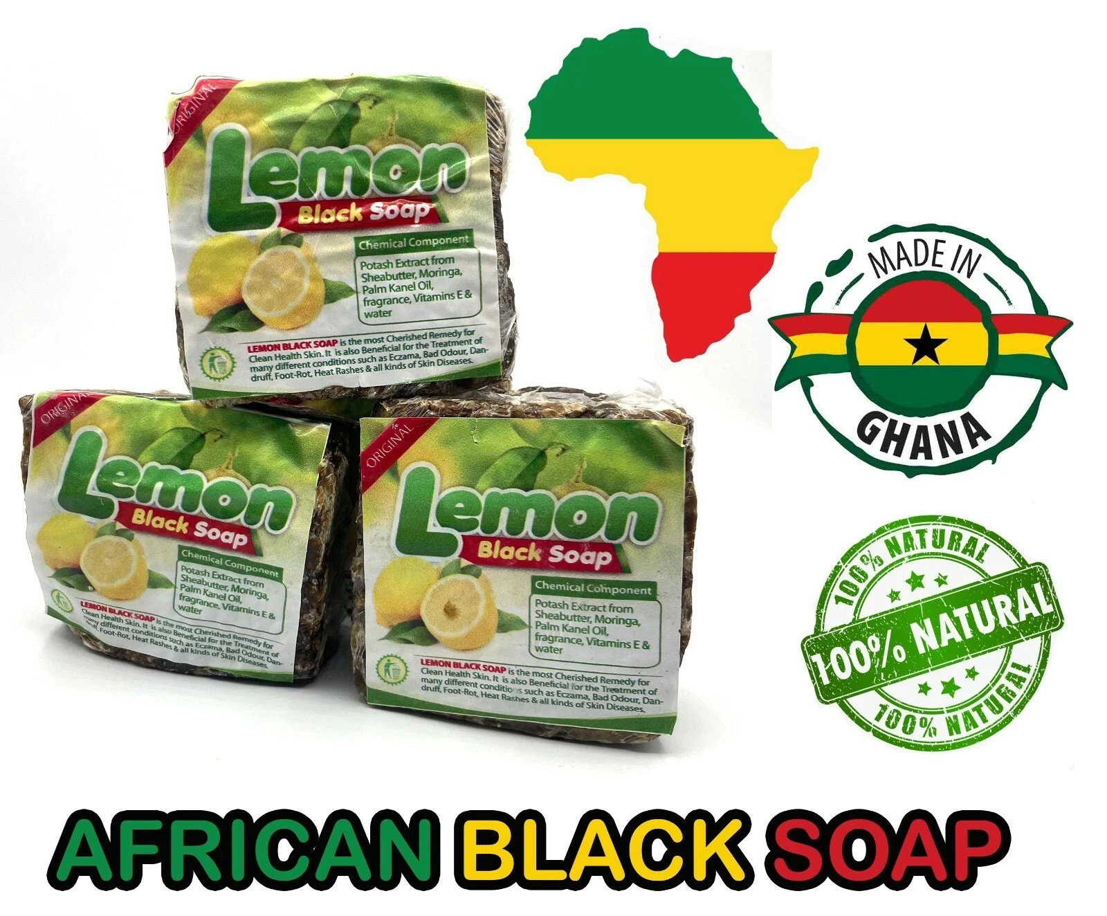 3 x 1lb Raw African Black Soap Organic Bar From Ghana Bulk Face Acne Body Wash