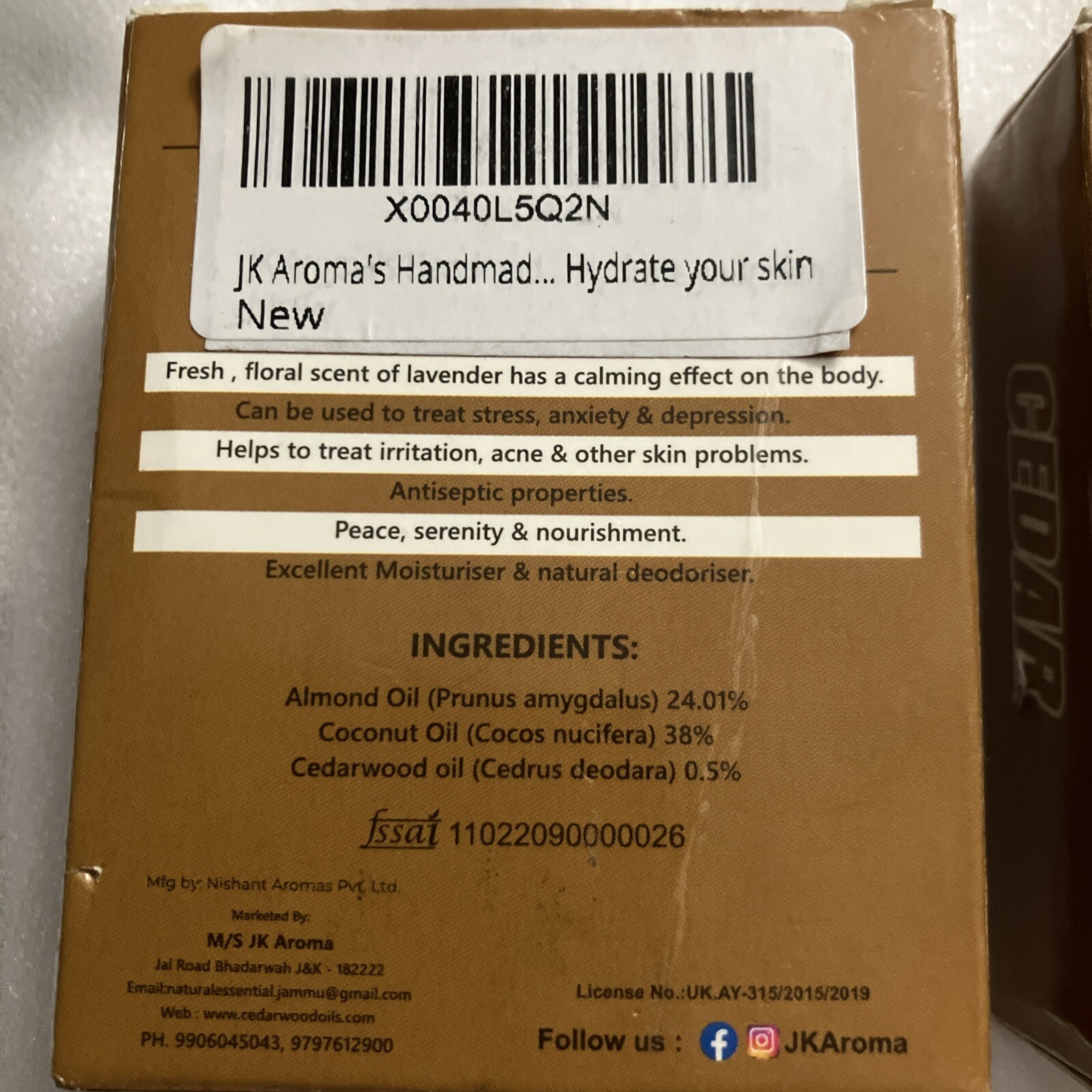 JK Aroma Soap Handmade Soap Cedar Scented RARE! 95 Gmail/3.35 oz. Bars X2