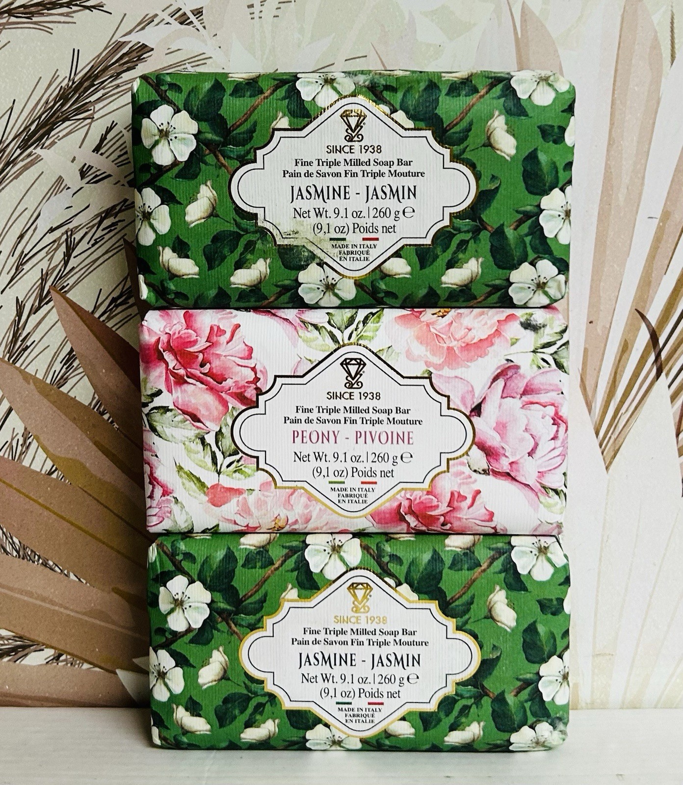 3-Pack Saponificio Zeni ~ Jasmine & Peony Fine Triple Milled Bar Soap 9.1 oz