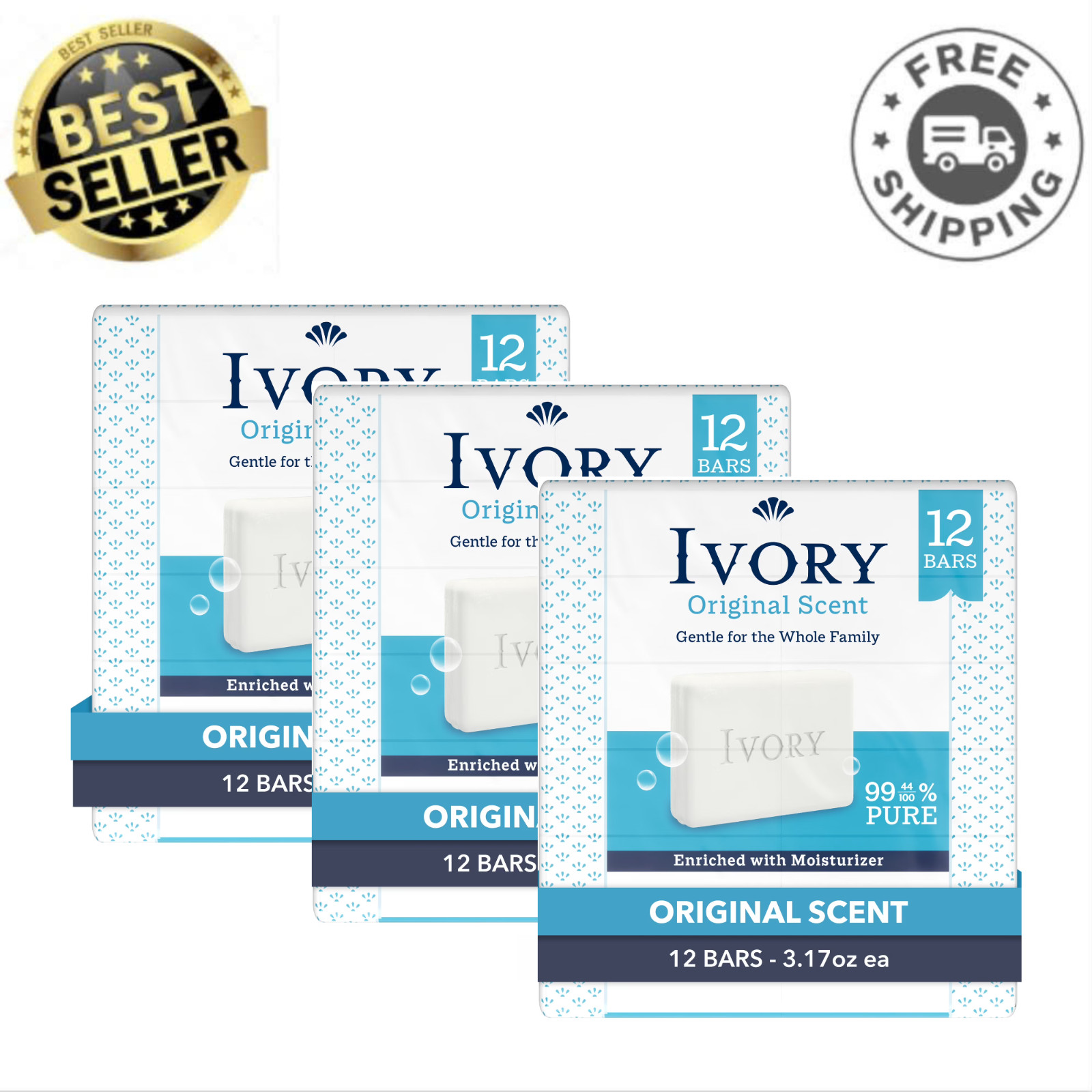 Ivory Original Scent Gentle Bar Soap 3.17 oz, 36 Count Total, Pure, Clean, Bath