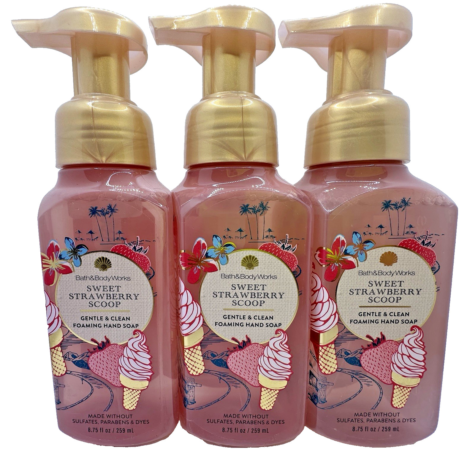 Bath & Body Works Sweet Strawberry Scoop Foaming Hand Soap 8.75 Oz x3