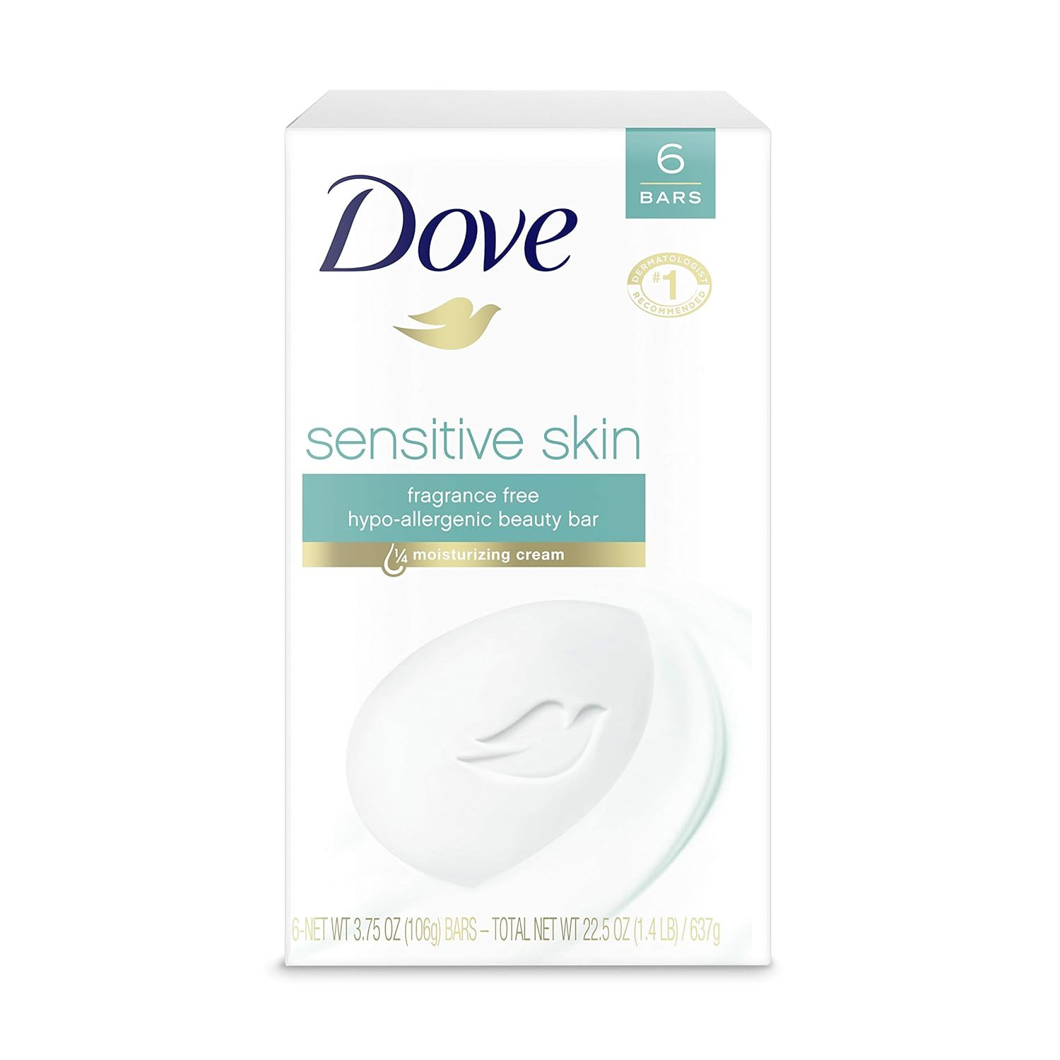 Dove Sensitive Skin Beauty Bar, Fragrance-Free, 8 Bars, 3.75 Oz Each