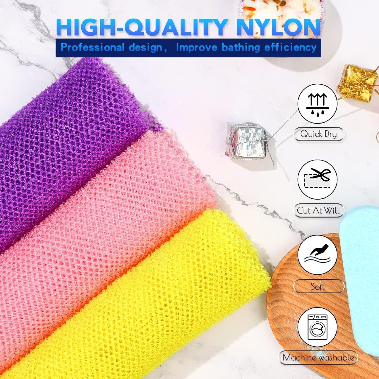 UJFQBH 3 Pieces African Bath Sponge Net Long Pink ,Yellow,purple