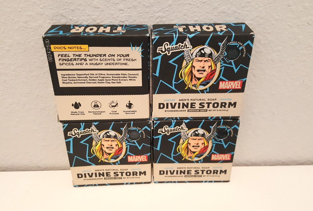 4 Pk: Dr. Squatch Marvel Thor DIVINE STORM Med. Grit 5oz Soap Bar
