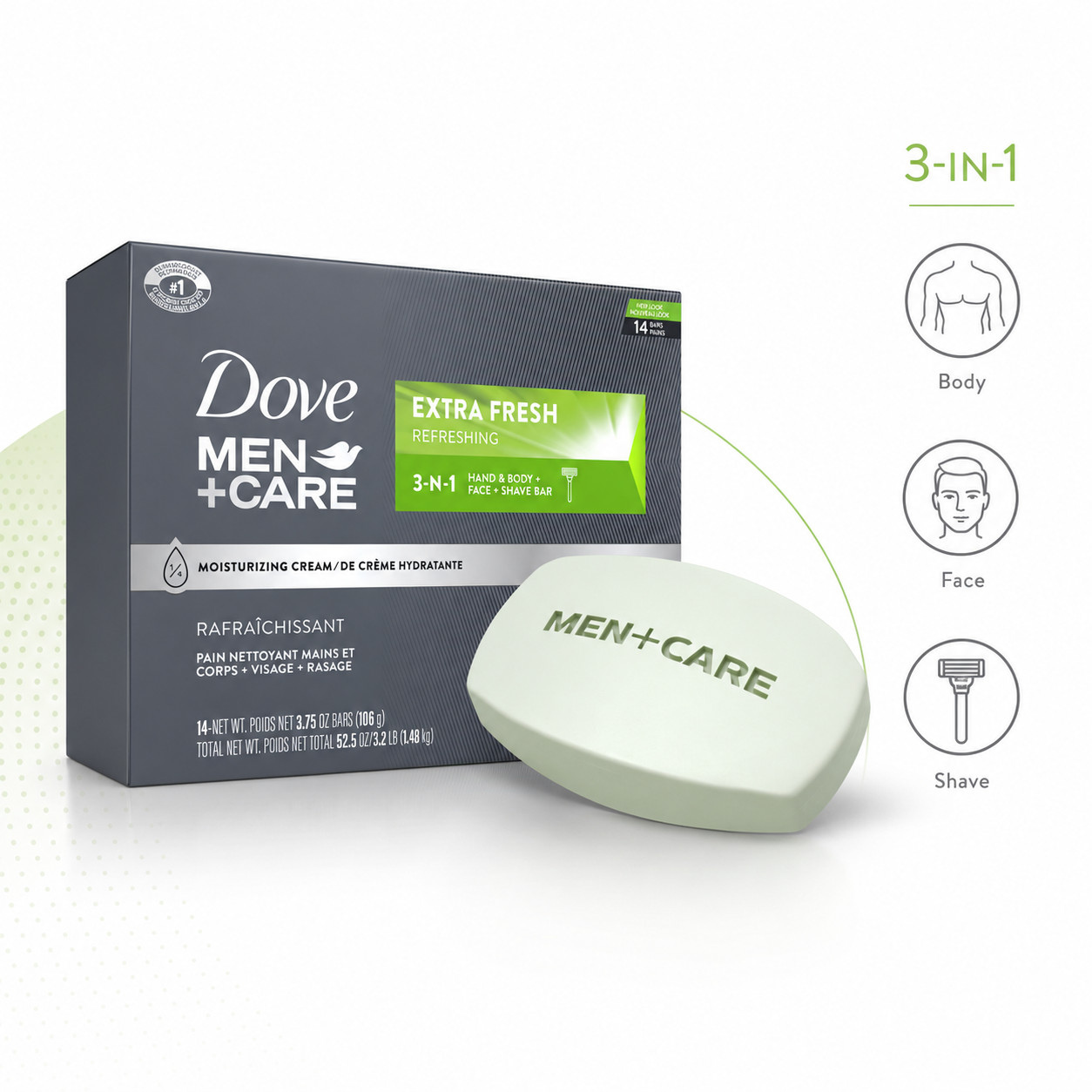 Dove Men+Care Extra Fresh 3-in-1 Body Face Shave Bar Soap 14 Pack 3.75 oz