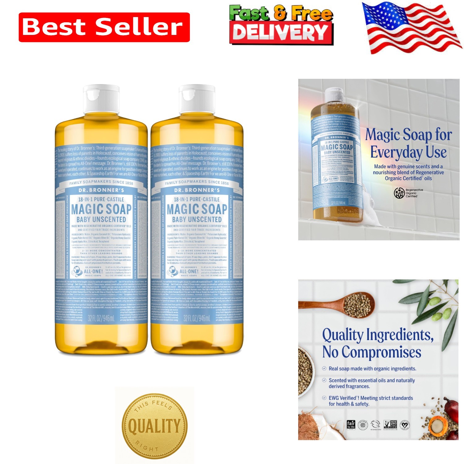 Dr. Bronner’s Multi-Purpose Unscented Soap, 32oz 2-Pack – Biodegradable &