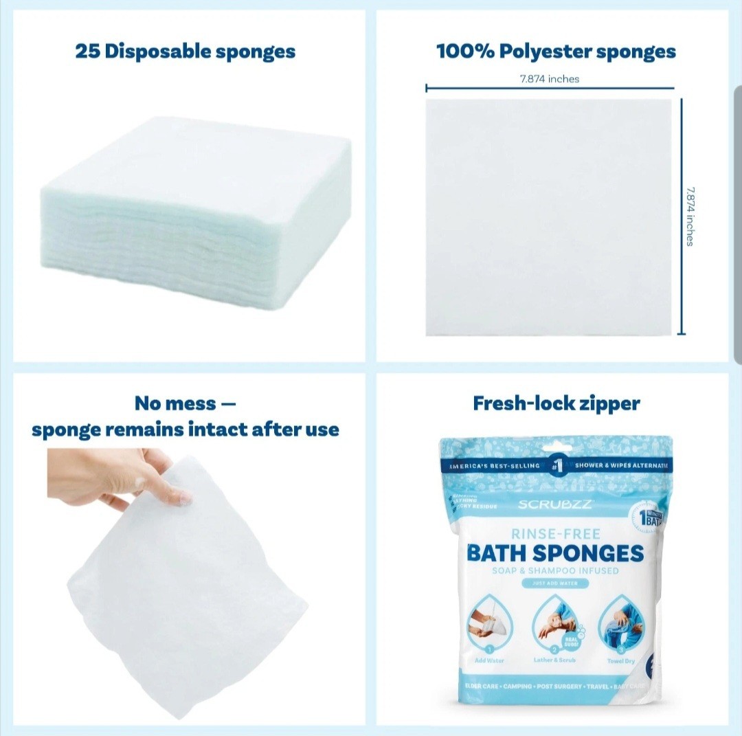 Scrubzz Disposable Rinse Free Bathing Sponges – Unscented, 50 Count