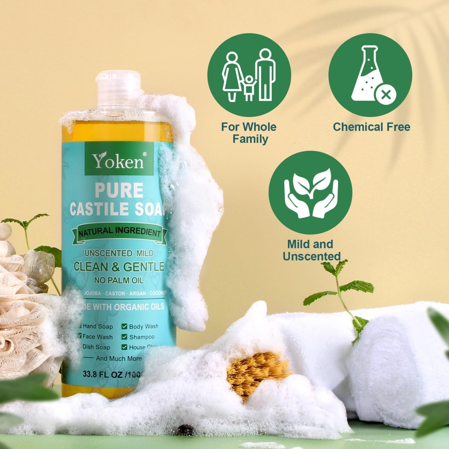 EWG Verified Castile Soap Liquid Unscented 33.8 fl oz Pure Castile Liquid Cle…