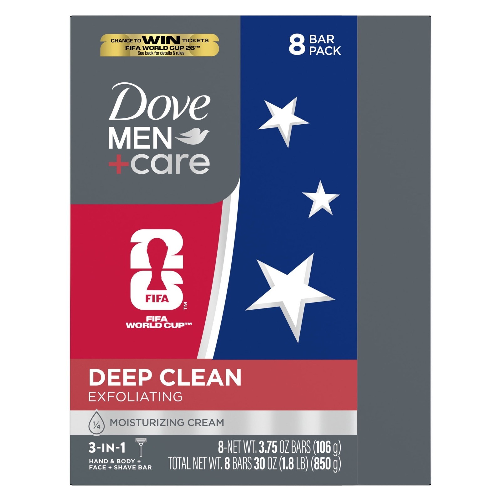 (2 Pack) Dove Men+Care FIFA Deep Clean Bar Soap 8 Bars 3.75 oz Nourishing Skin