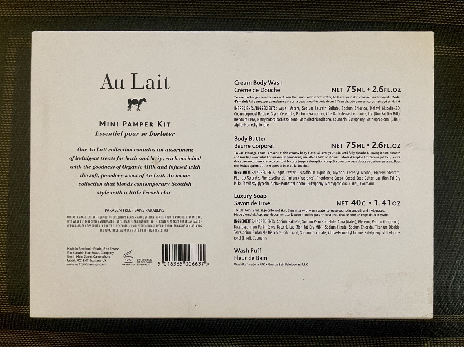 Au Lait Scottish Fine Soaps Pamper Kit NEW Body Wash, Soap, Body Butter, Loofa
