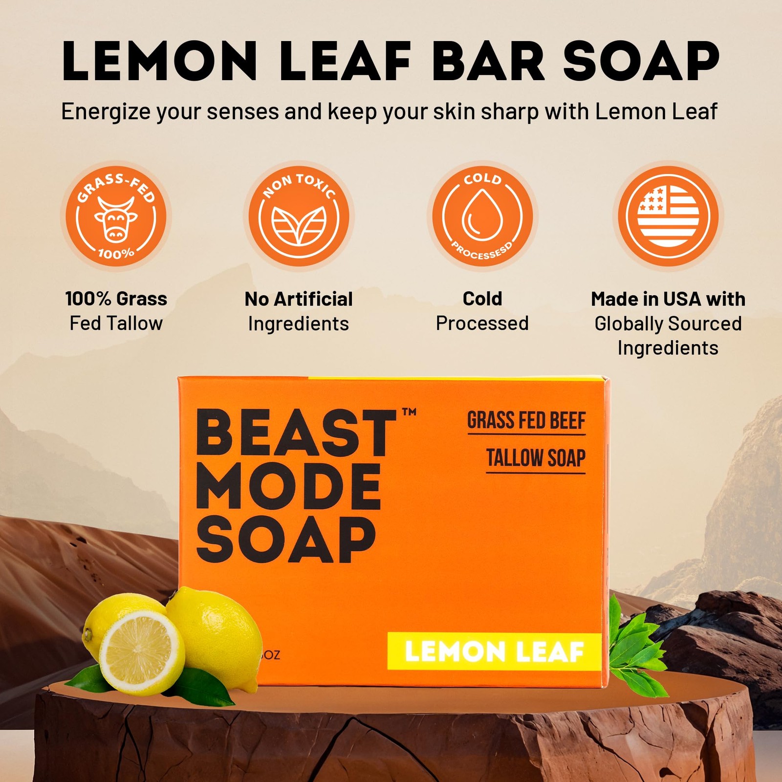 for Men, Lemon Leaf, Single Bar – Natural Grass-Fed Tallow Bar Soap, Fresh Sc…