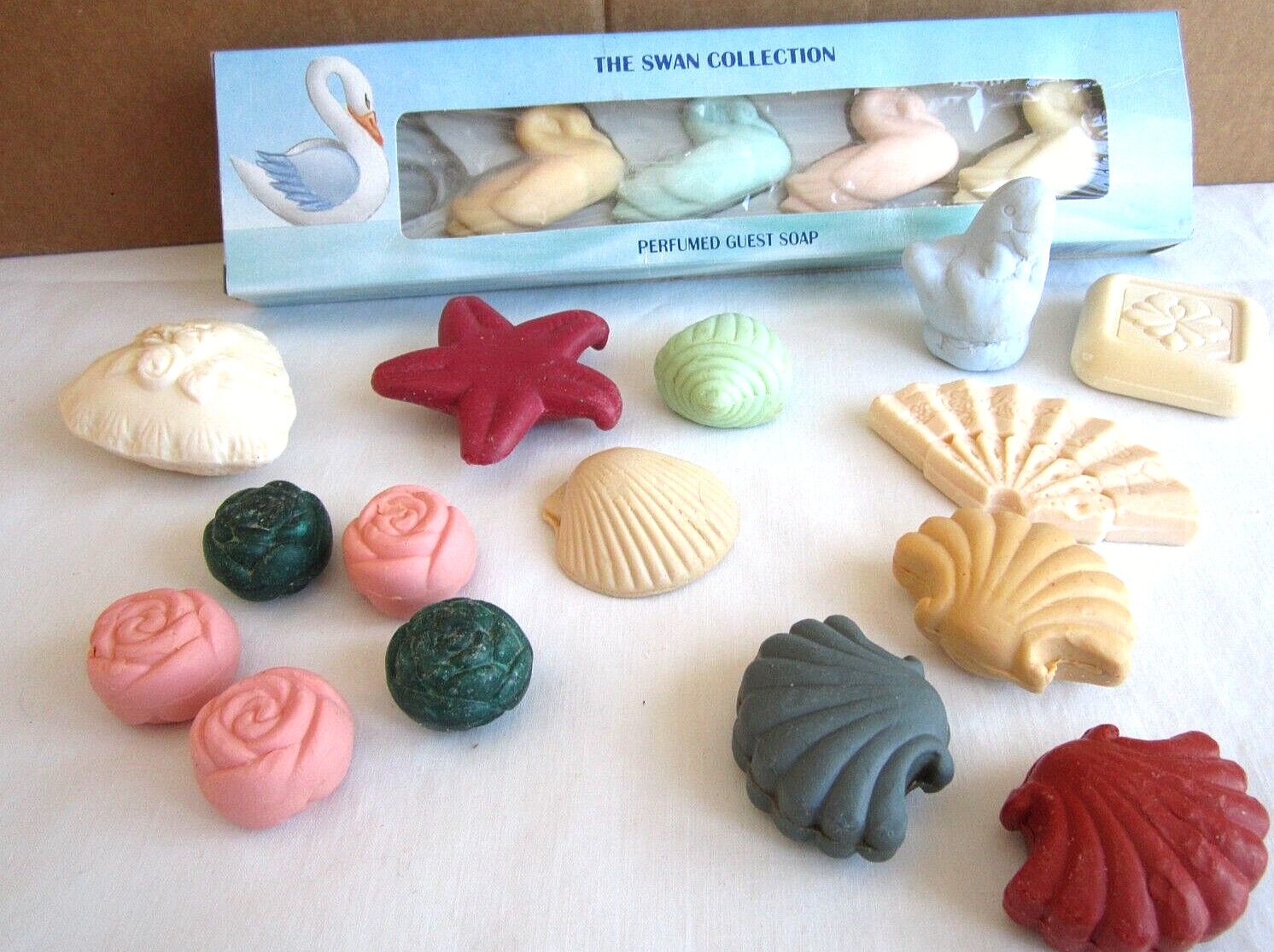 Vintage perfumed guest soaps multi colors set of 19 Swans Shells Floral Roses