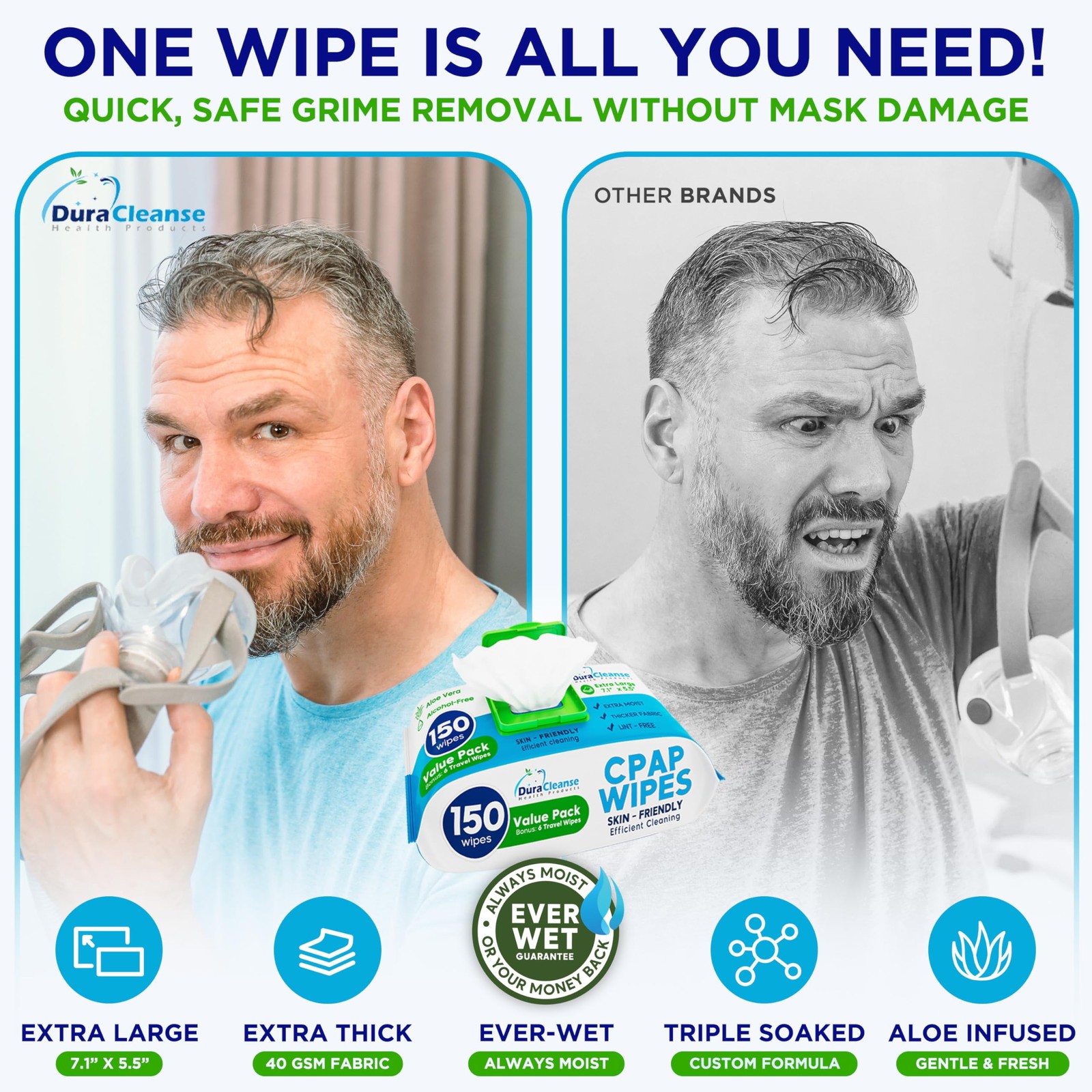Dura Cleanse CPAP Mask Cleaning Wipes – 4 Pack, 4×150 Count + 24 Travel Sheet…