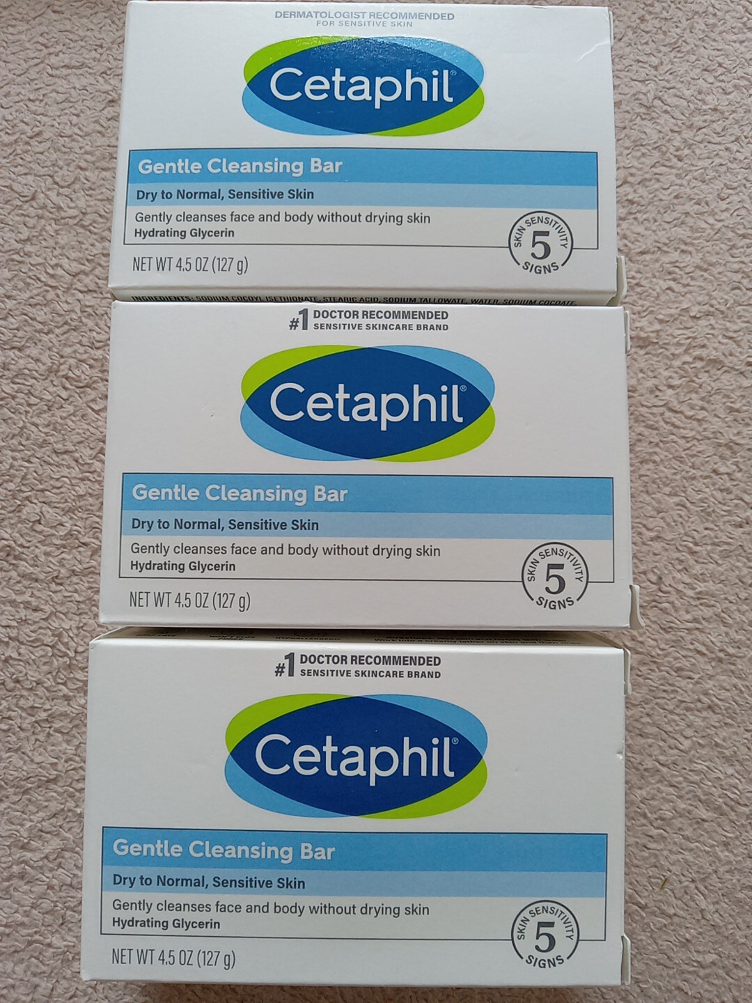 3 Cetaphil Gentle Cleansing Bar Soap Dry to Normal, Sensitive Skin 4.5 Oz Each
