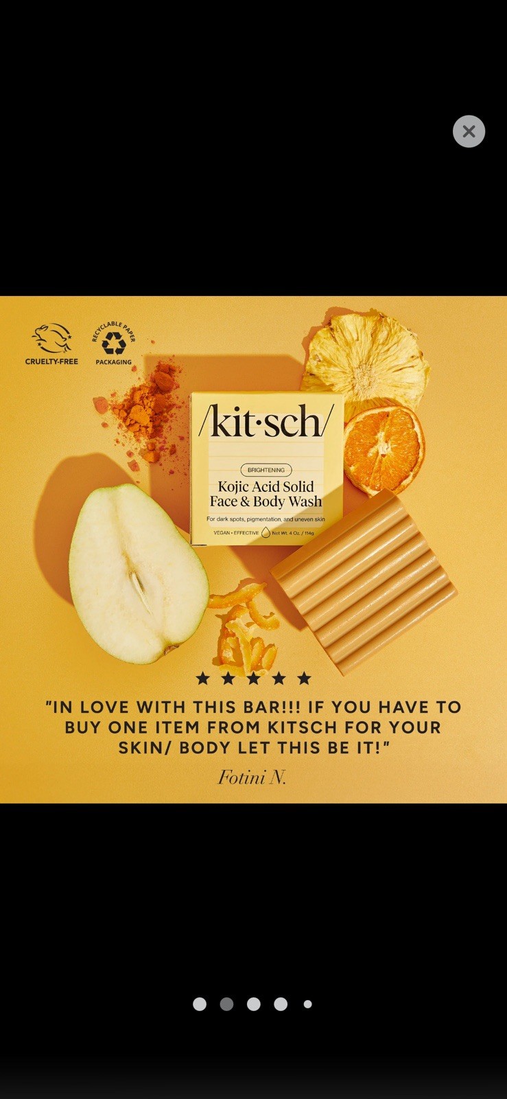 Kitsch Brightening Kojic Acid Solid Face & Body Wash Bar 4 oz Sugared Yuzu