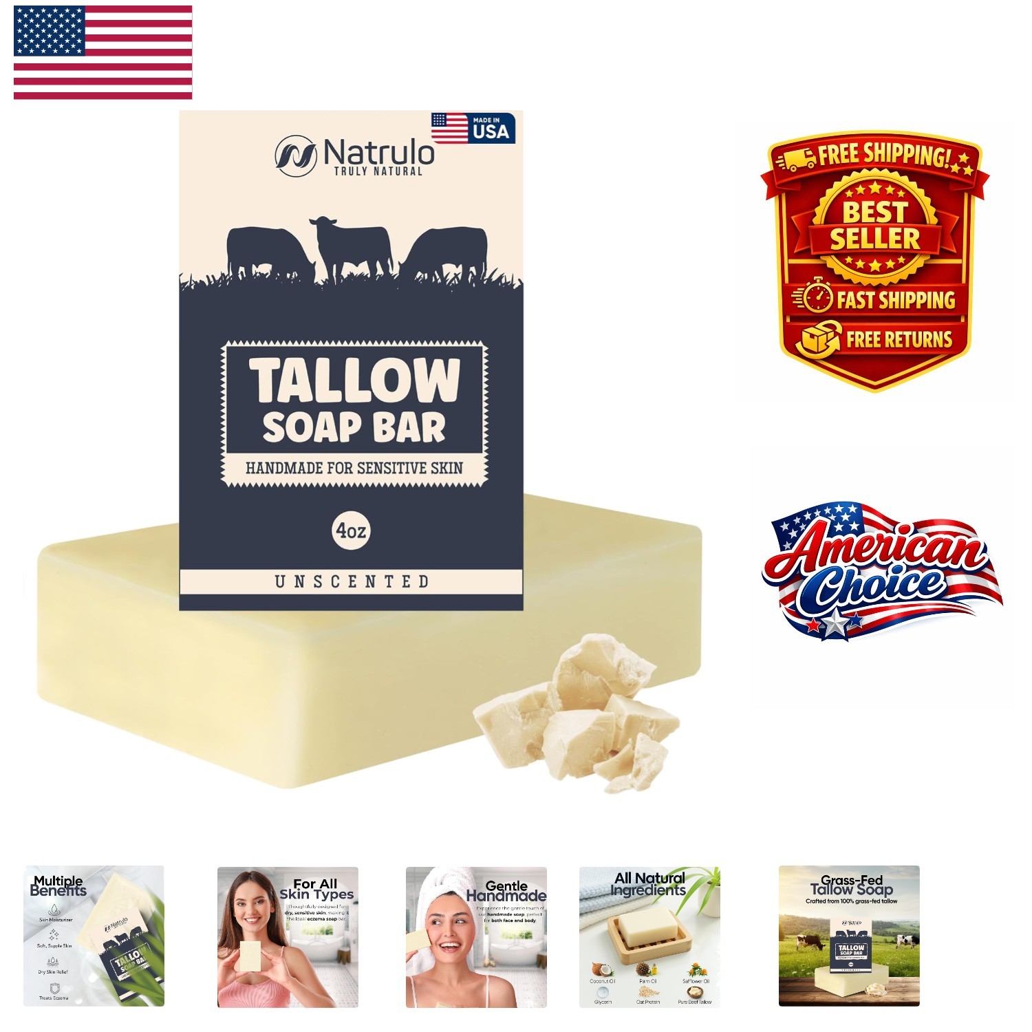 Luxurious All-Natural Beef Tallow Soap – 4 oz Unscented Bar for Skin Health