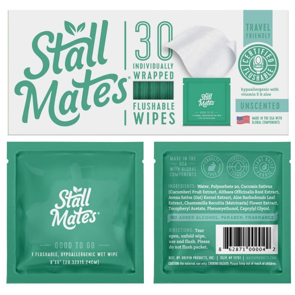Flushable Wipes Unscented Sensitive Skin Aloe Vitamin-E 30 Pack Travel
