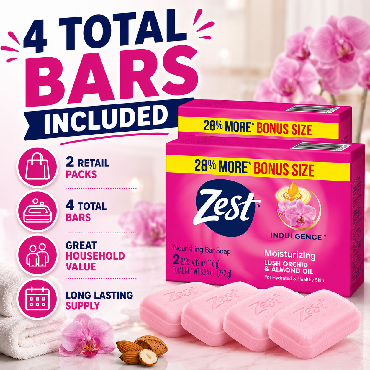 Zest Indulgence Lush Orchid Almond Oil Bar Soap 4 Bars 2 Pack Moisturizing