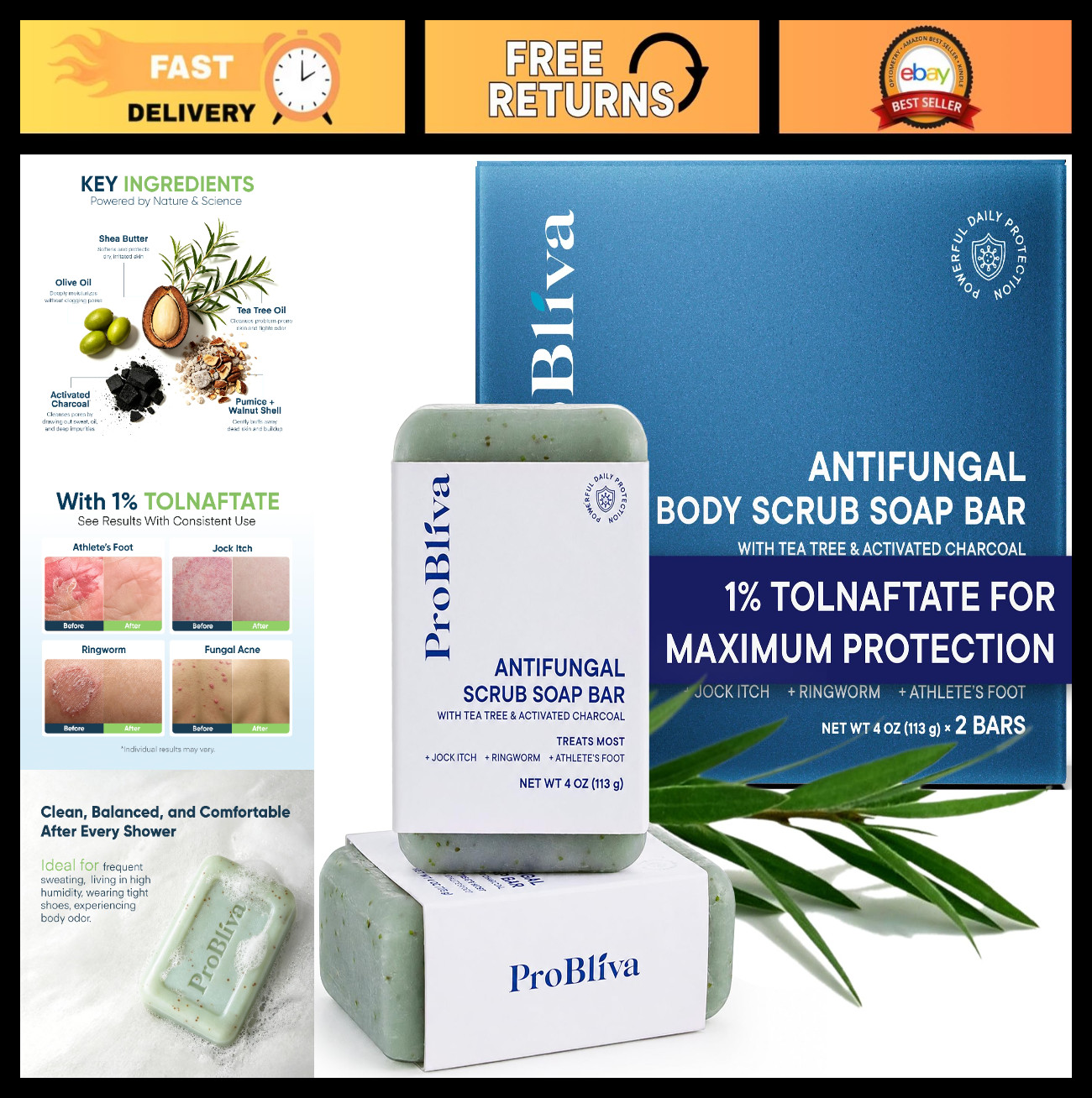 Antifungal Exfoliating Soap Bar with Tea Tree Oil & Charcoal – 2 Pack for Body &