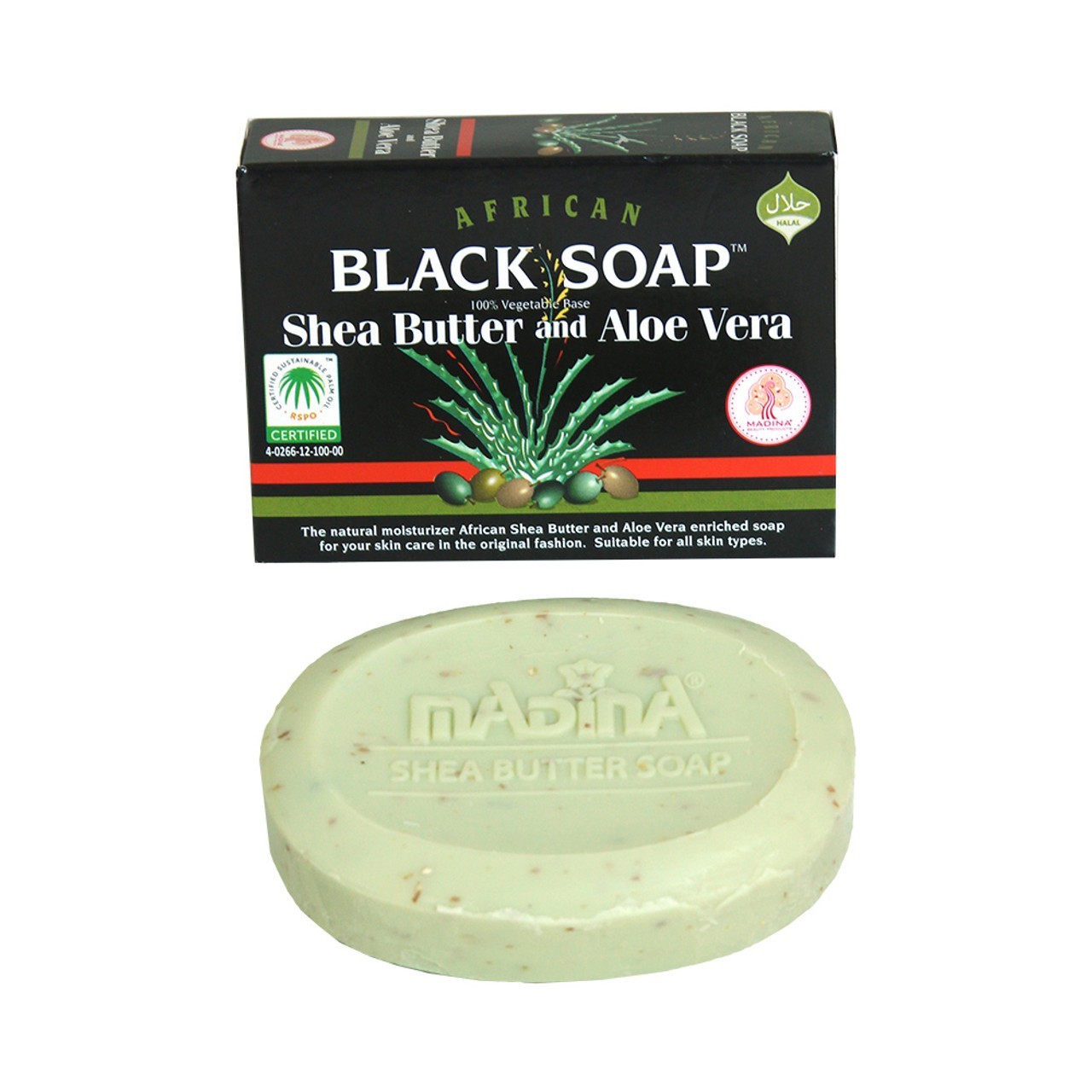 X3 Madina: Shea Butter & Aloe Vera Soap – 3½ oz 100% Vegetable base.