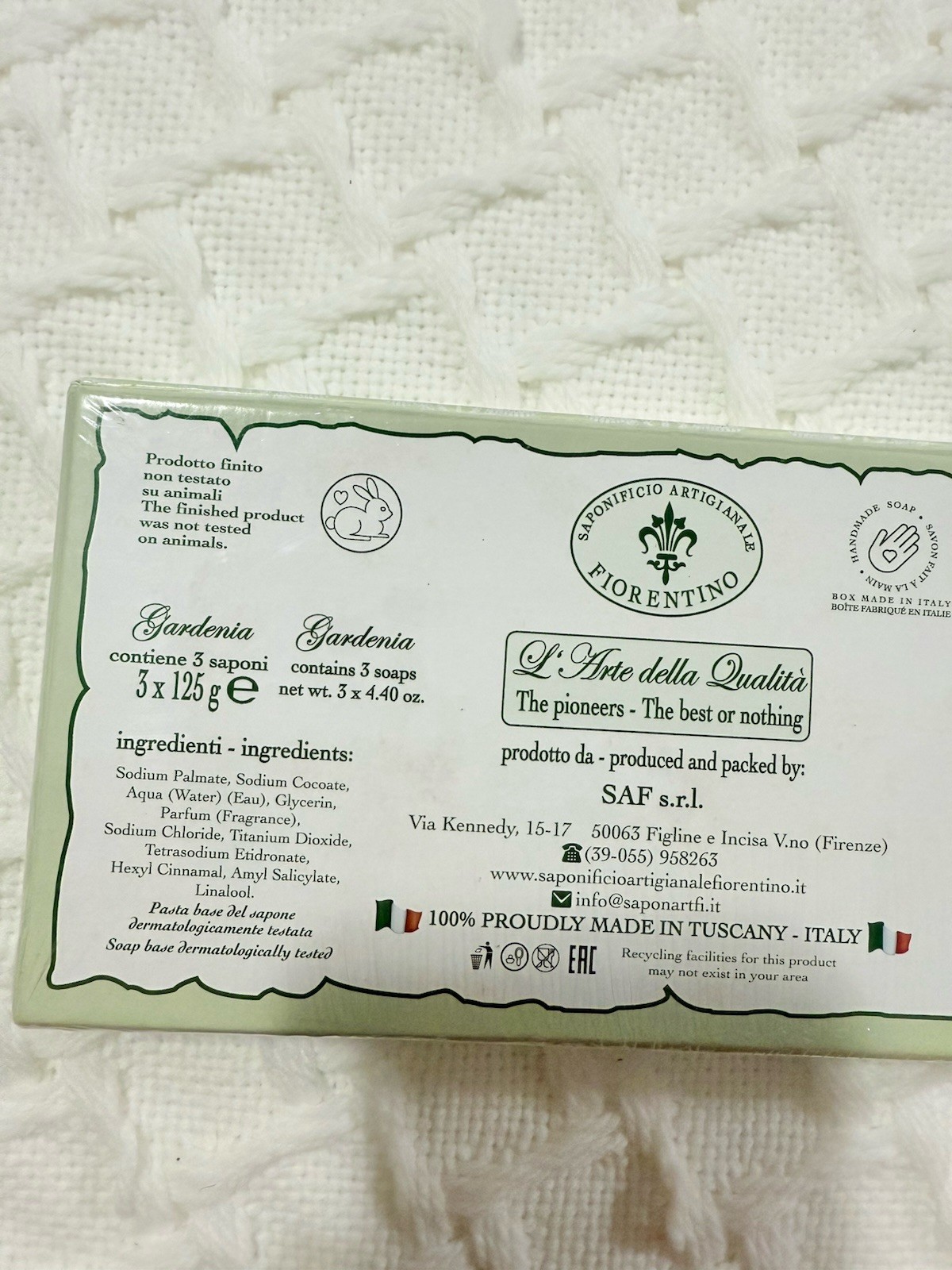 Saponificio Artigianale Gardenia Scented Soaps 3 x 4.40 oz New Tuscany -Italy